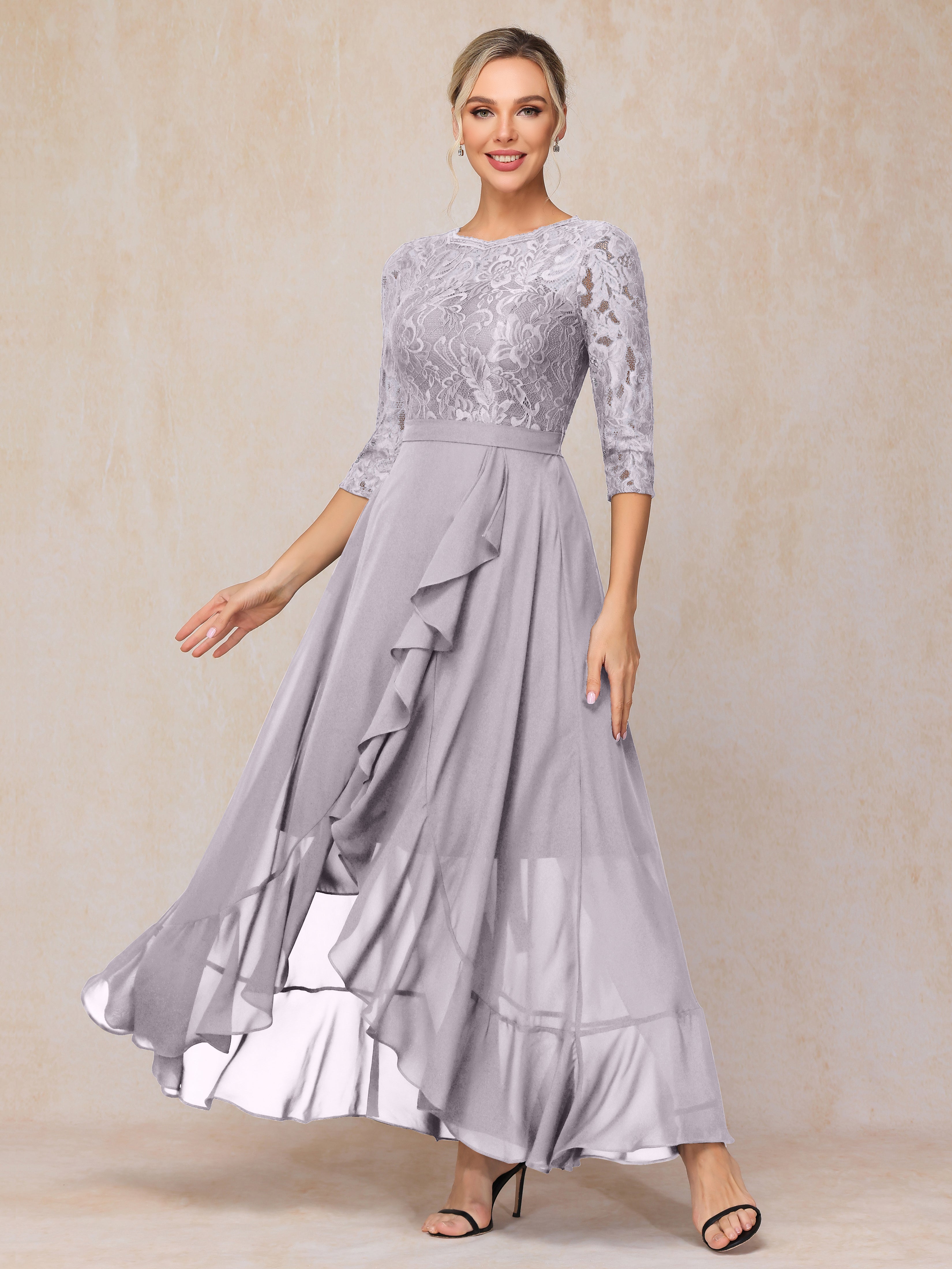 Ankle Length Short Sleeves Chiffon Lace Mother Of The Bride Dress