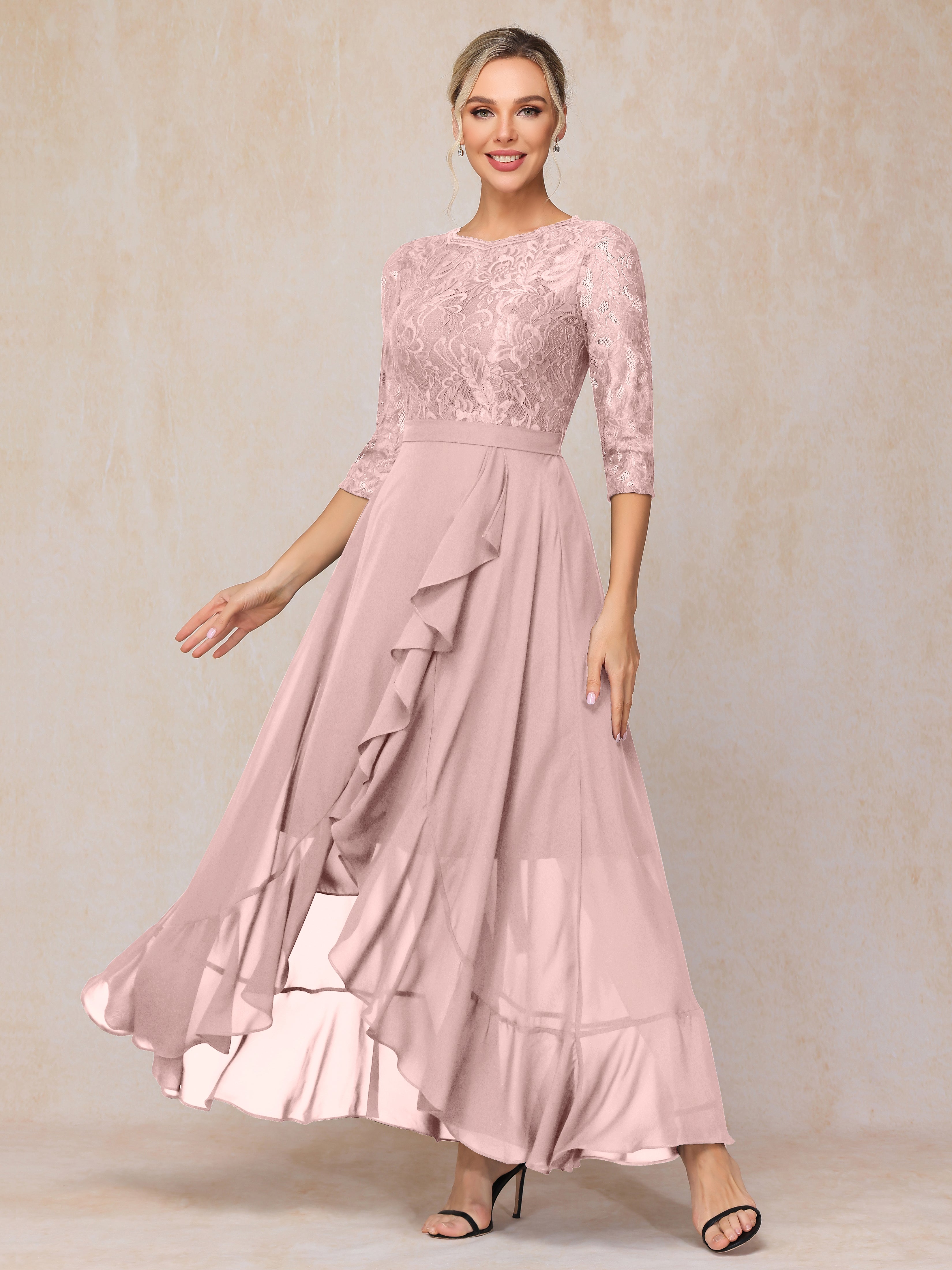 Ankle Length Short Sleeves Chiffon Lace Mother Of The Bride Dress