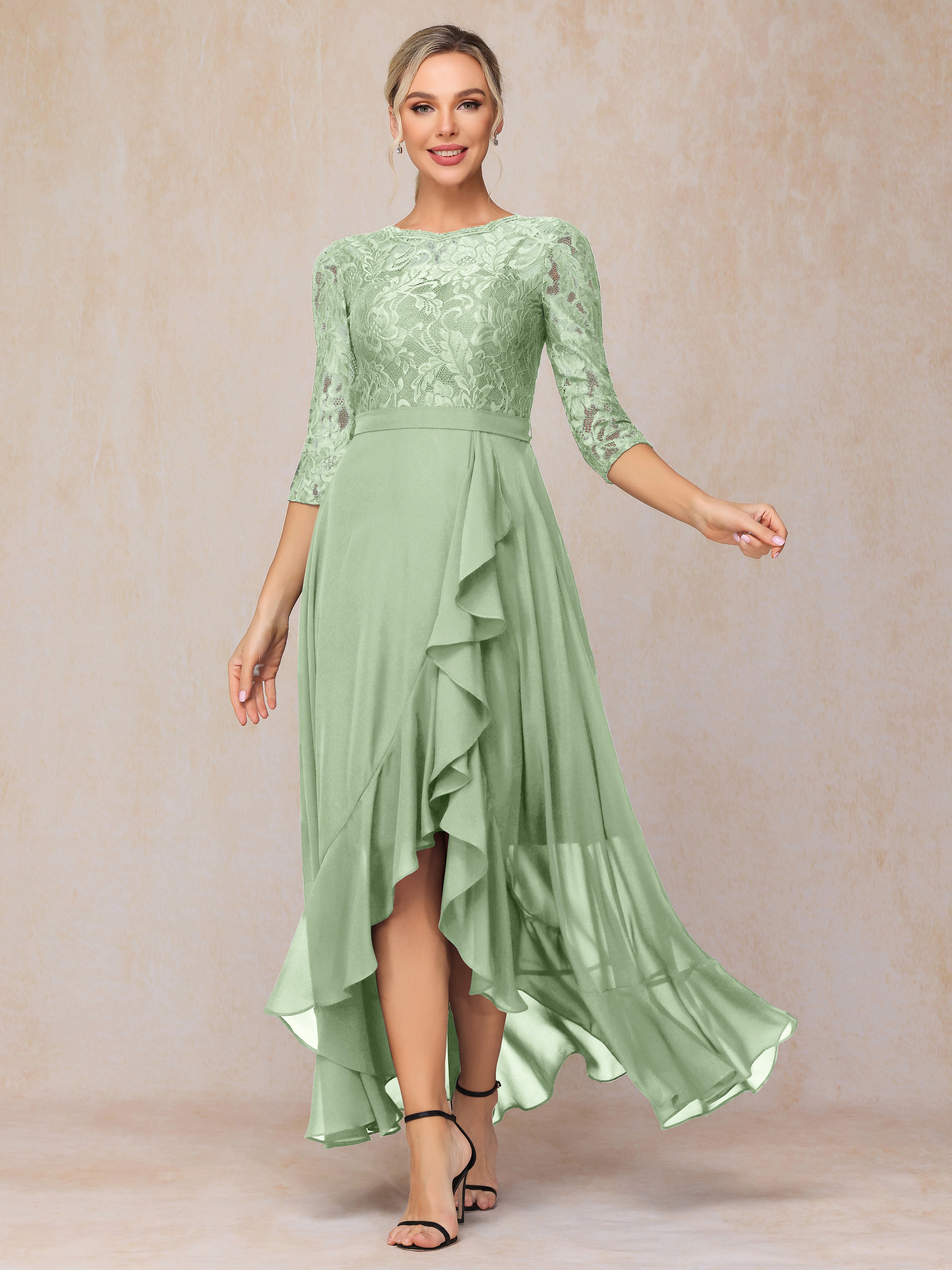 Ankle Length Short Sleeves Chiffon Lace Mother Of The Bride Dress