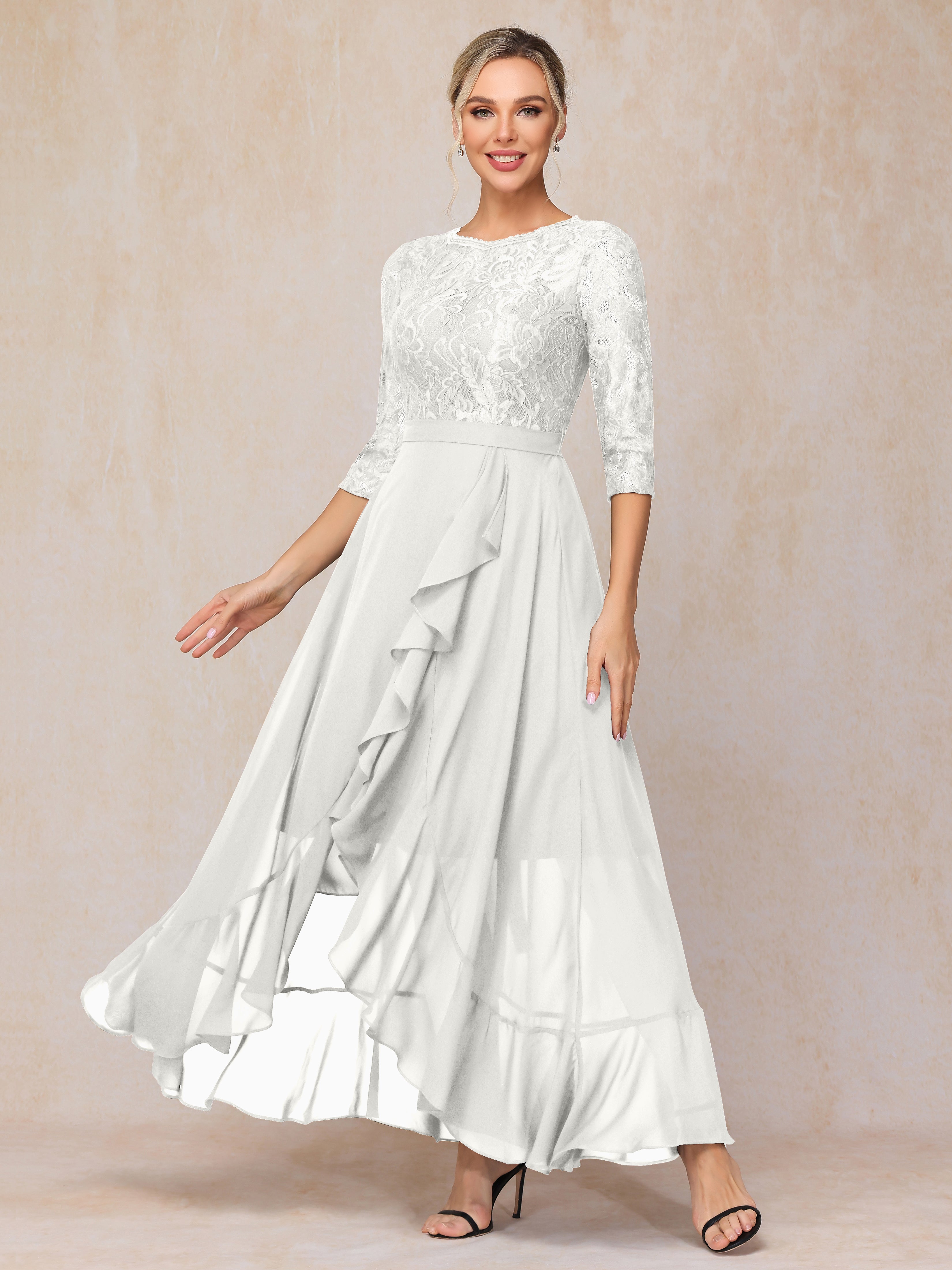 Ankle Length Short Sleeves Chiffon Lace Mother Of The Bride Dress