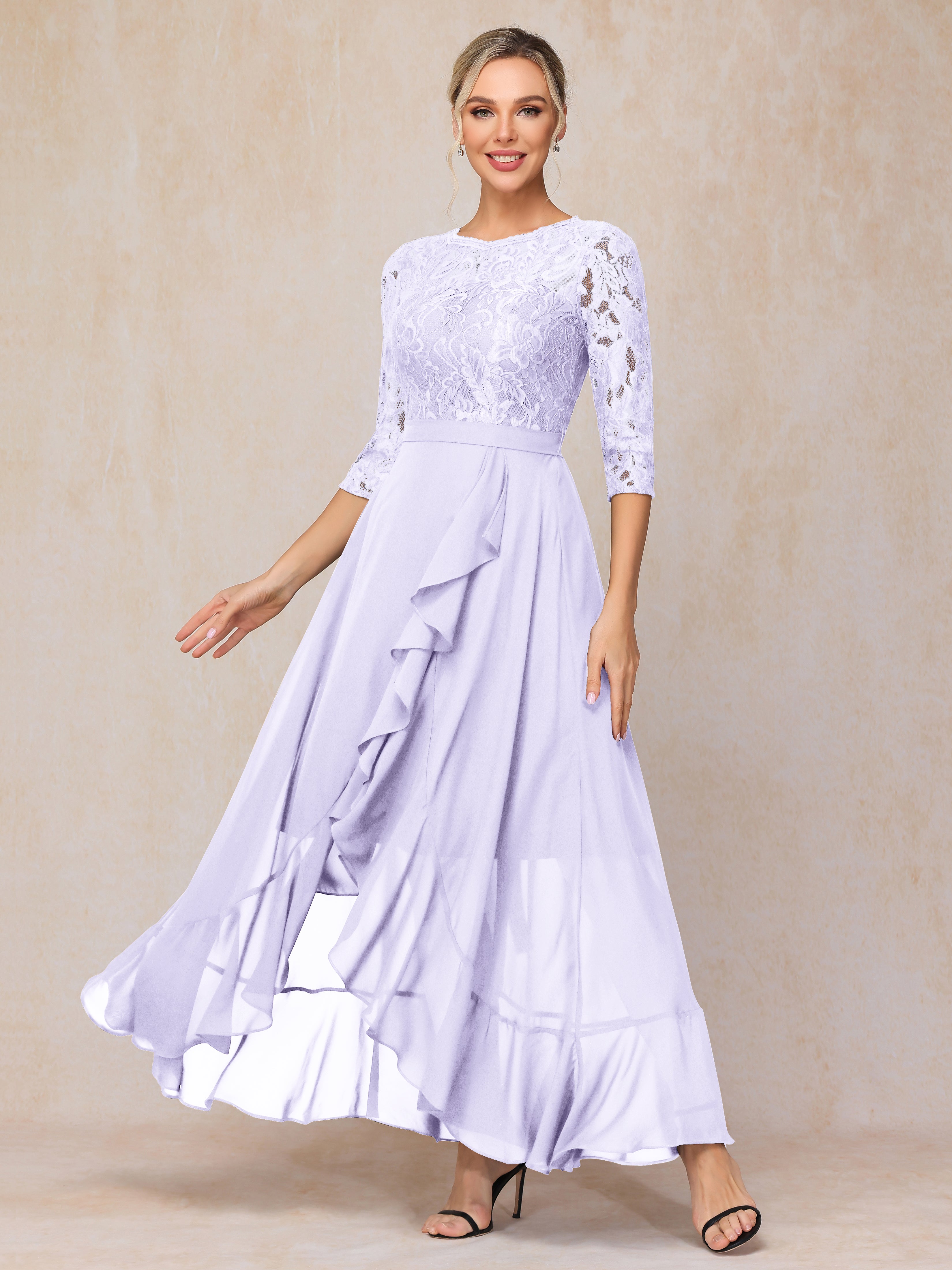 Ankle Length Short Sleeves Chiffon Lace Mother Of The Bride Dress