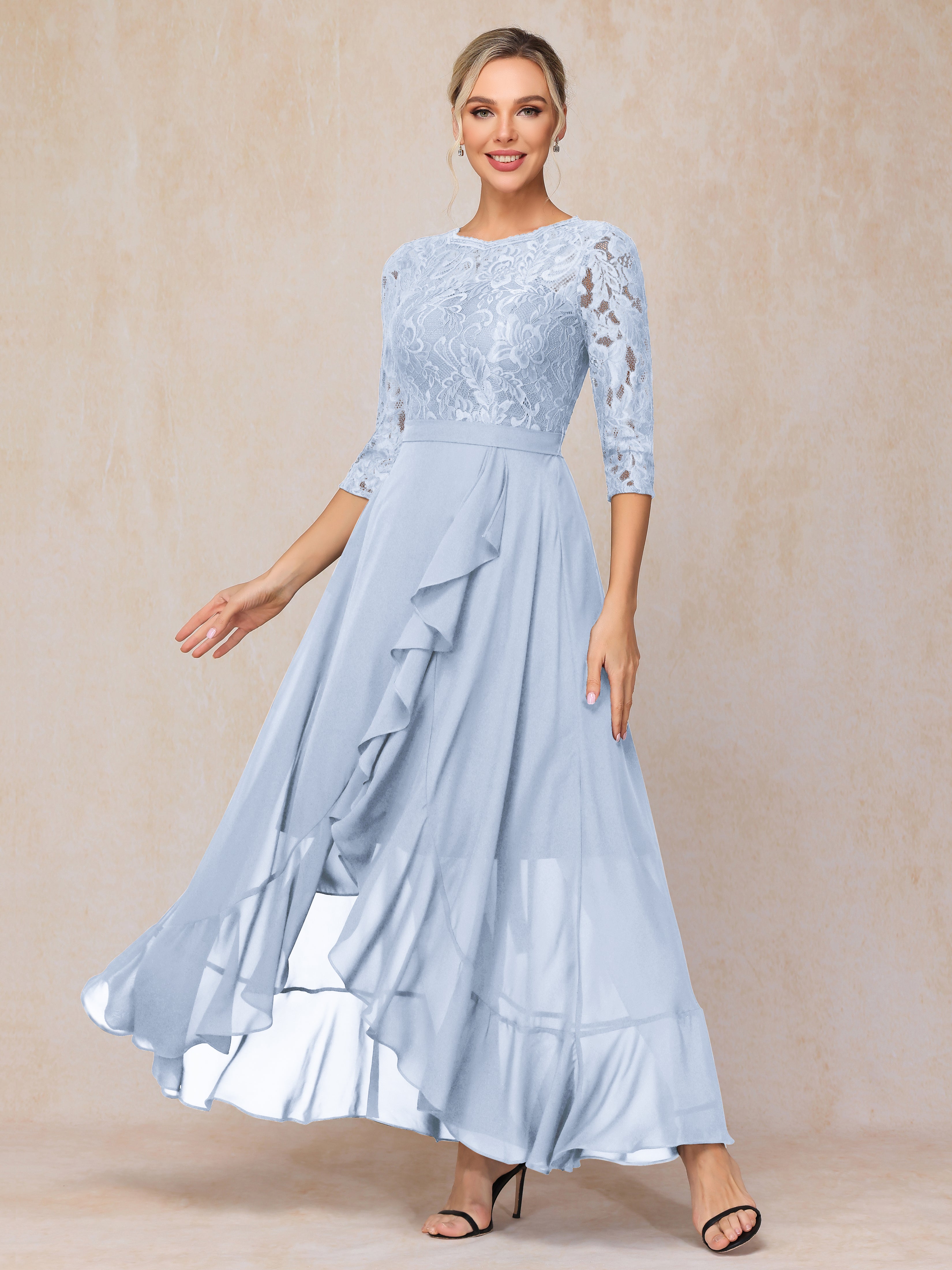 Ankle Length Short Sleeves Chiffon Lace Mother Of The Bride Dress