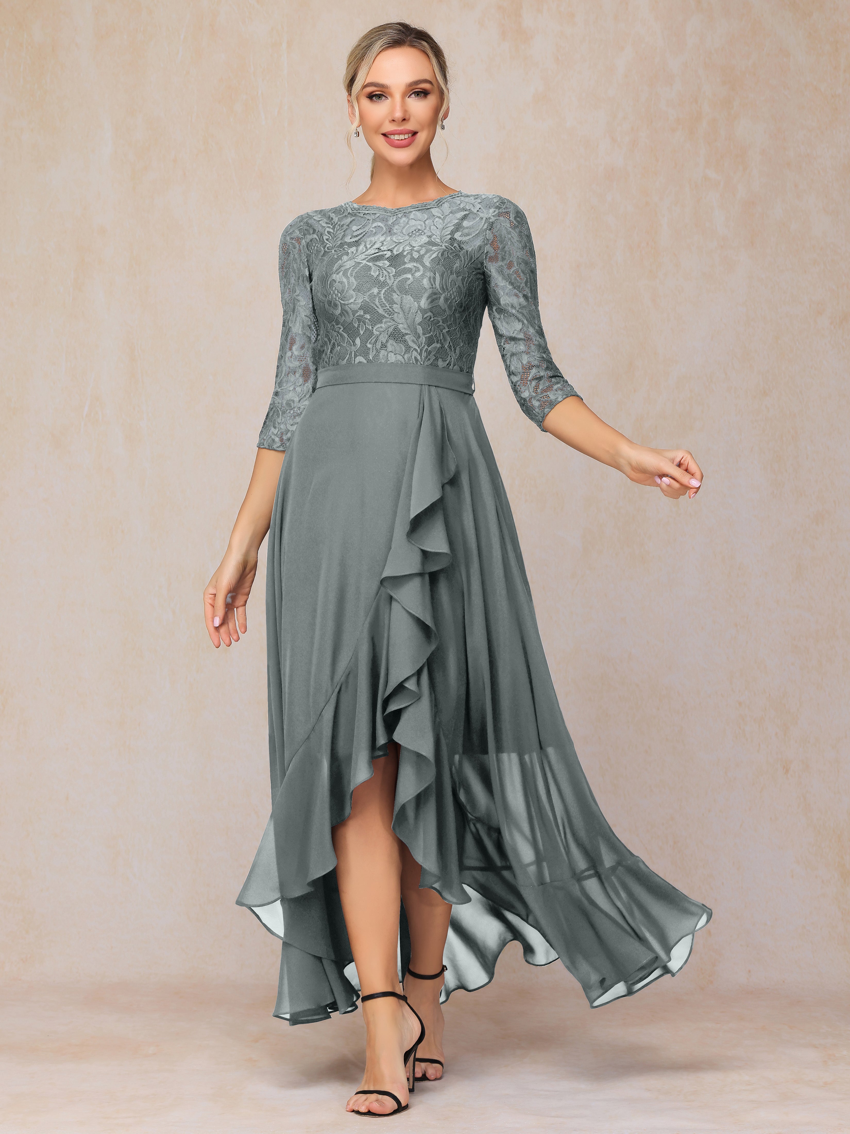 Ankle Length Short Sleeves Chiffon Lace Mother Of The Bride Dress