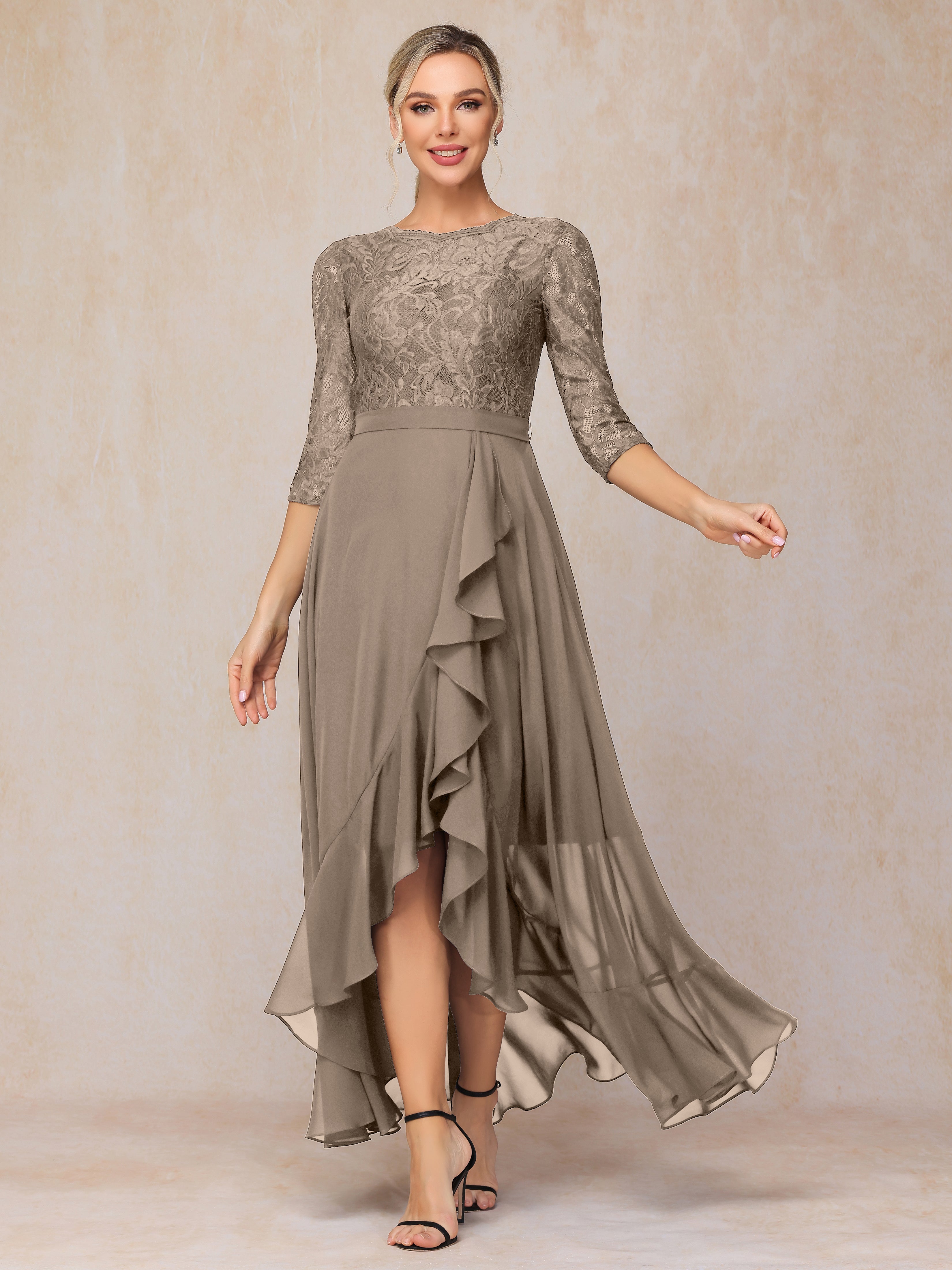 Ankle Length Short Sleeves Chiffon Lace Mother Of The Bride Dress