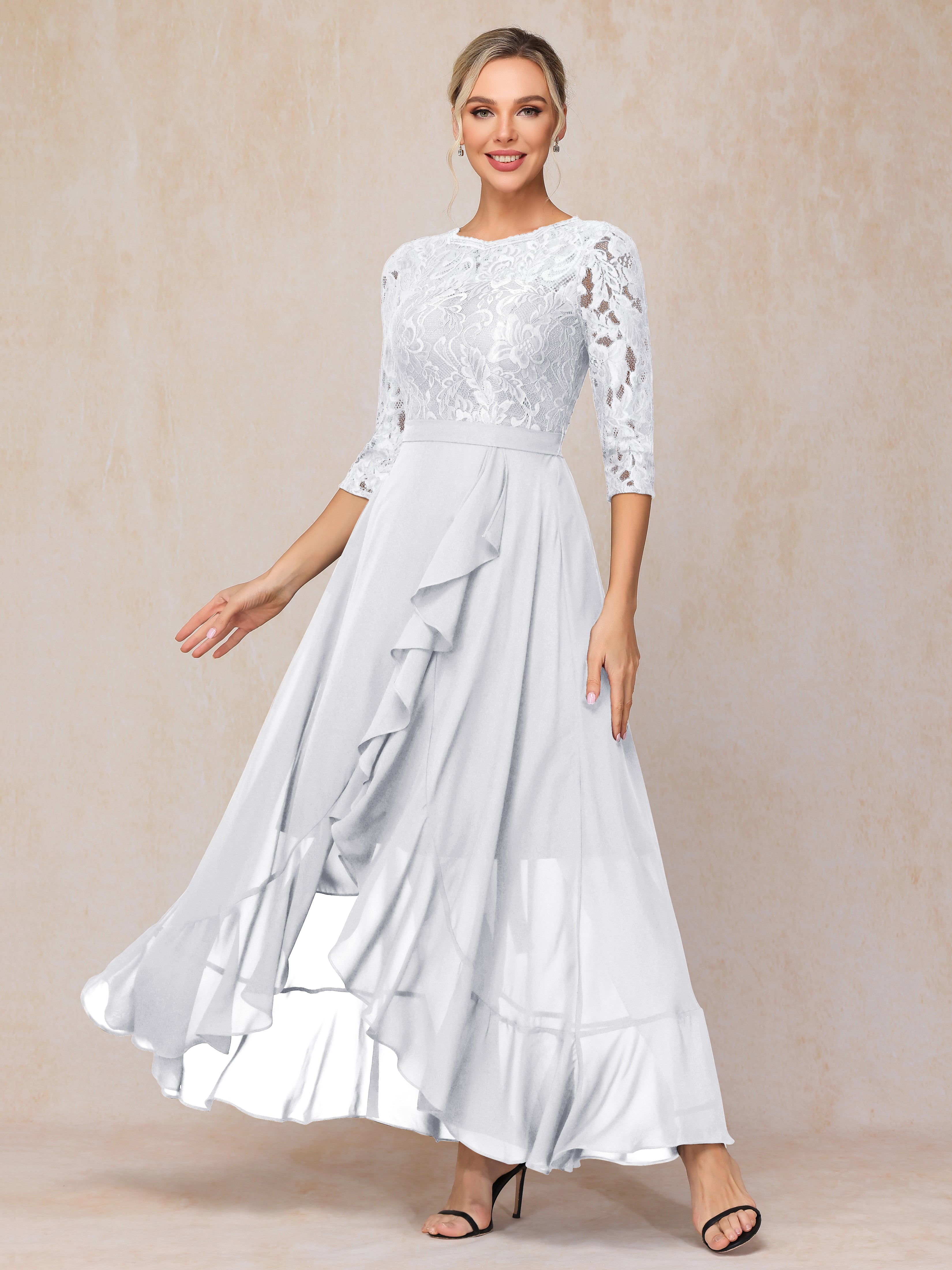 Ankle Length Short Sleeves Chiffon Lace Mother Of The Bride Dress