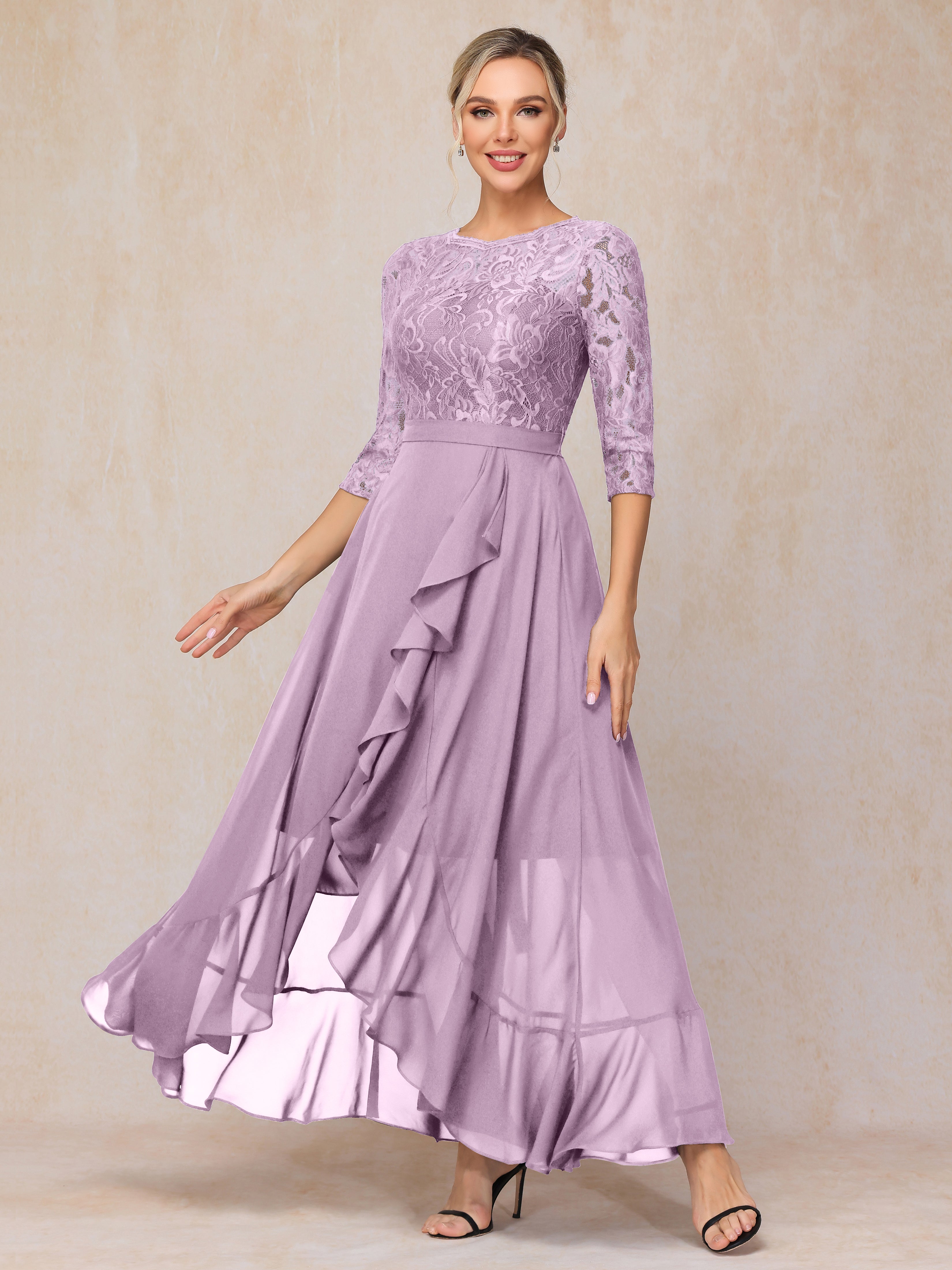 Ankle Length Short Sleeves Chiffon Lace Mother Of The Bride Dress