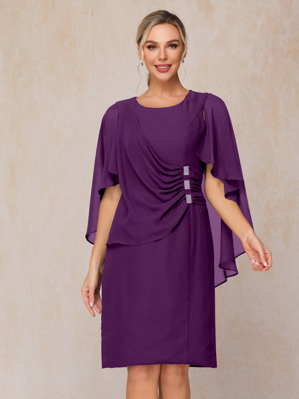 Short Sleeves Knee Length Chiffon Mother Of The Bride Dress With Beadi