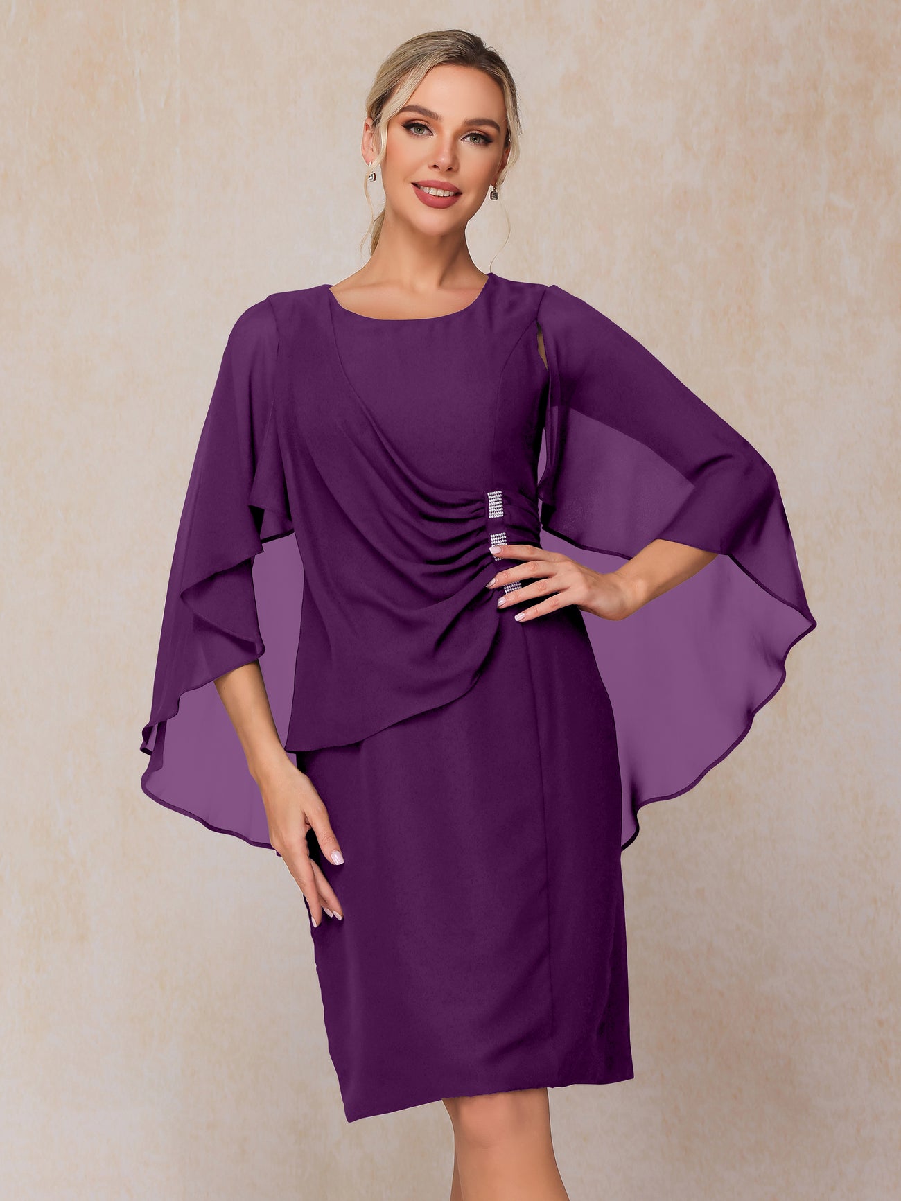 Short Sleeves Knee Length Chiffon Mother Of The Bride Dress With Beadi