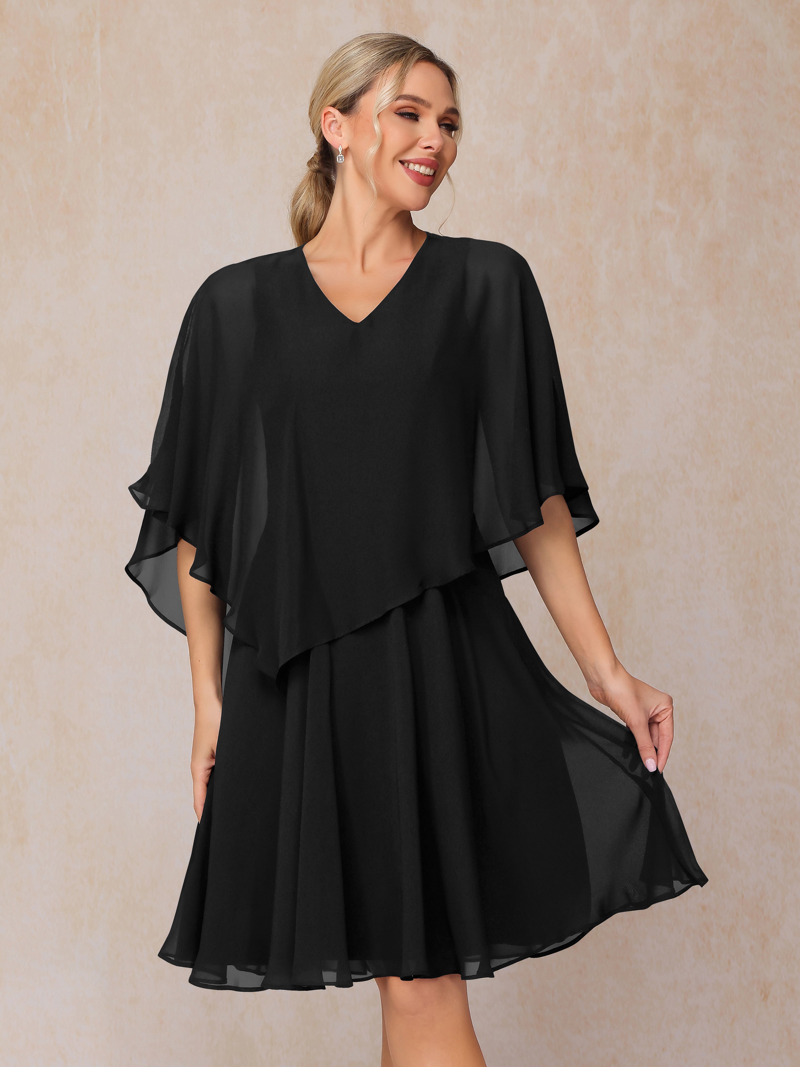 V Neck Short Sleeves Knee Length Chiffon Mother Of The  Groom Dress