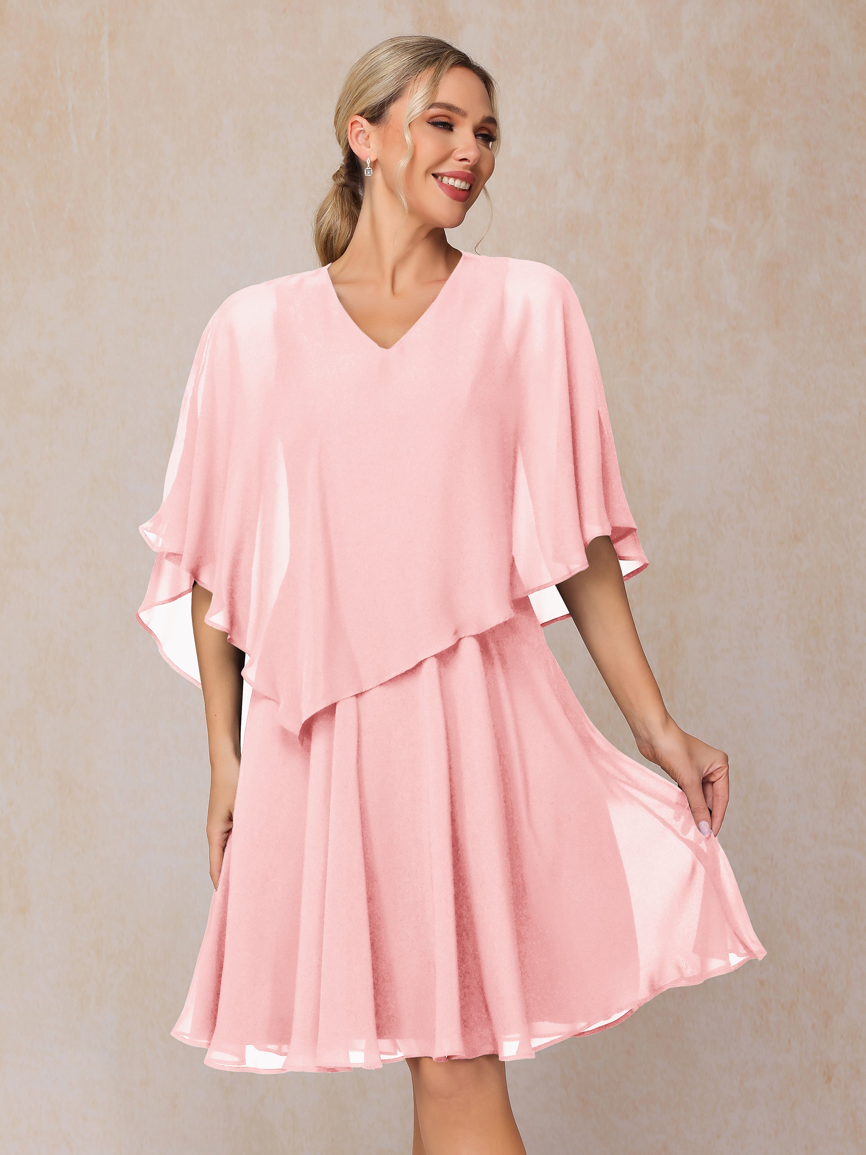 V Neck Short Sleeves Knee Length Chiffon Mother Of The  Groom Dress