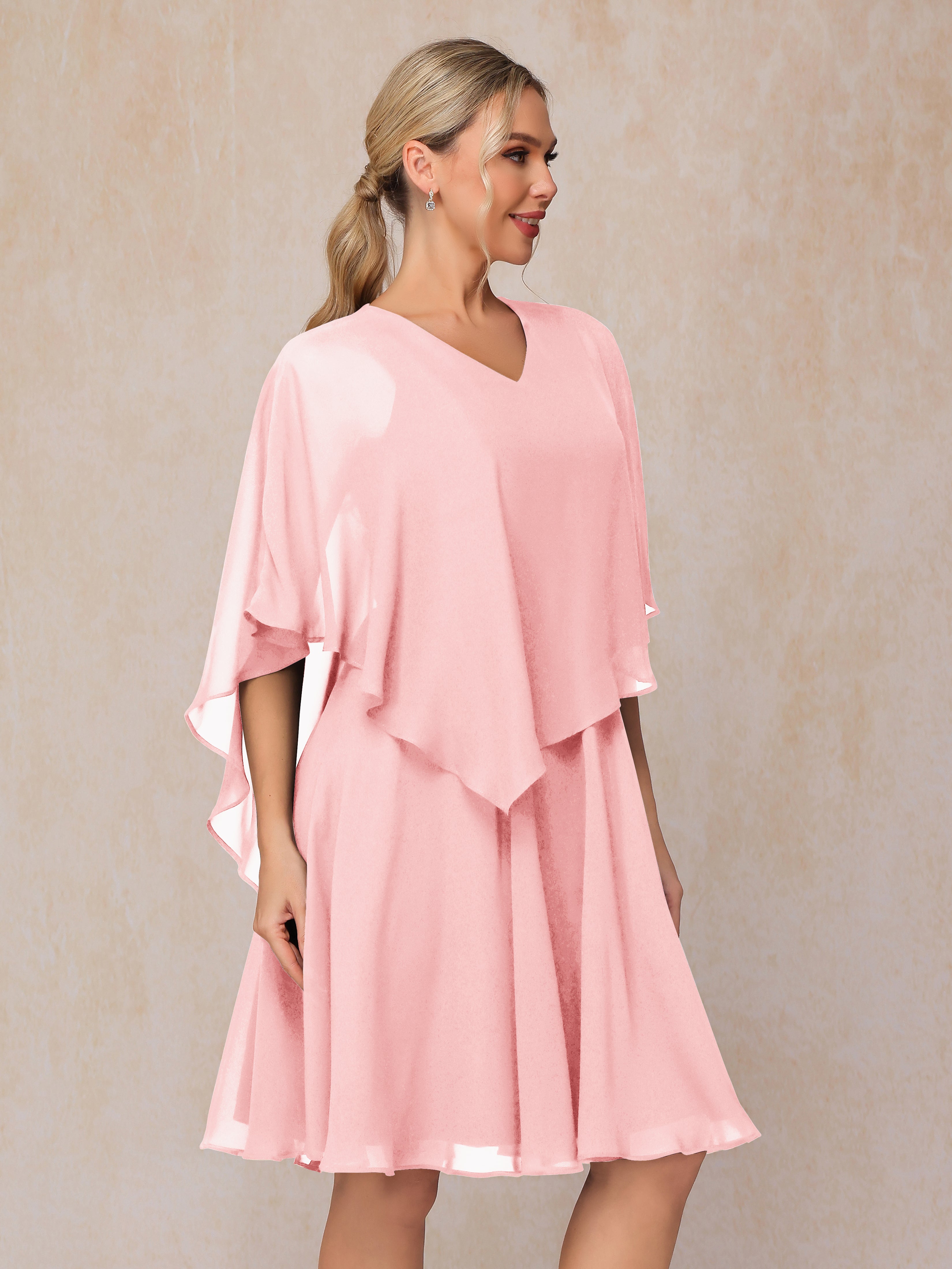 V Neck Short Sleeves Knee Length Chiffon Mother Of The  Groom Dress