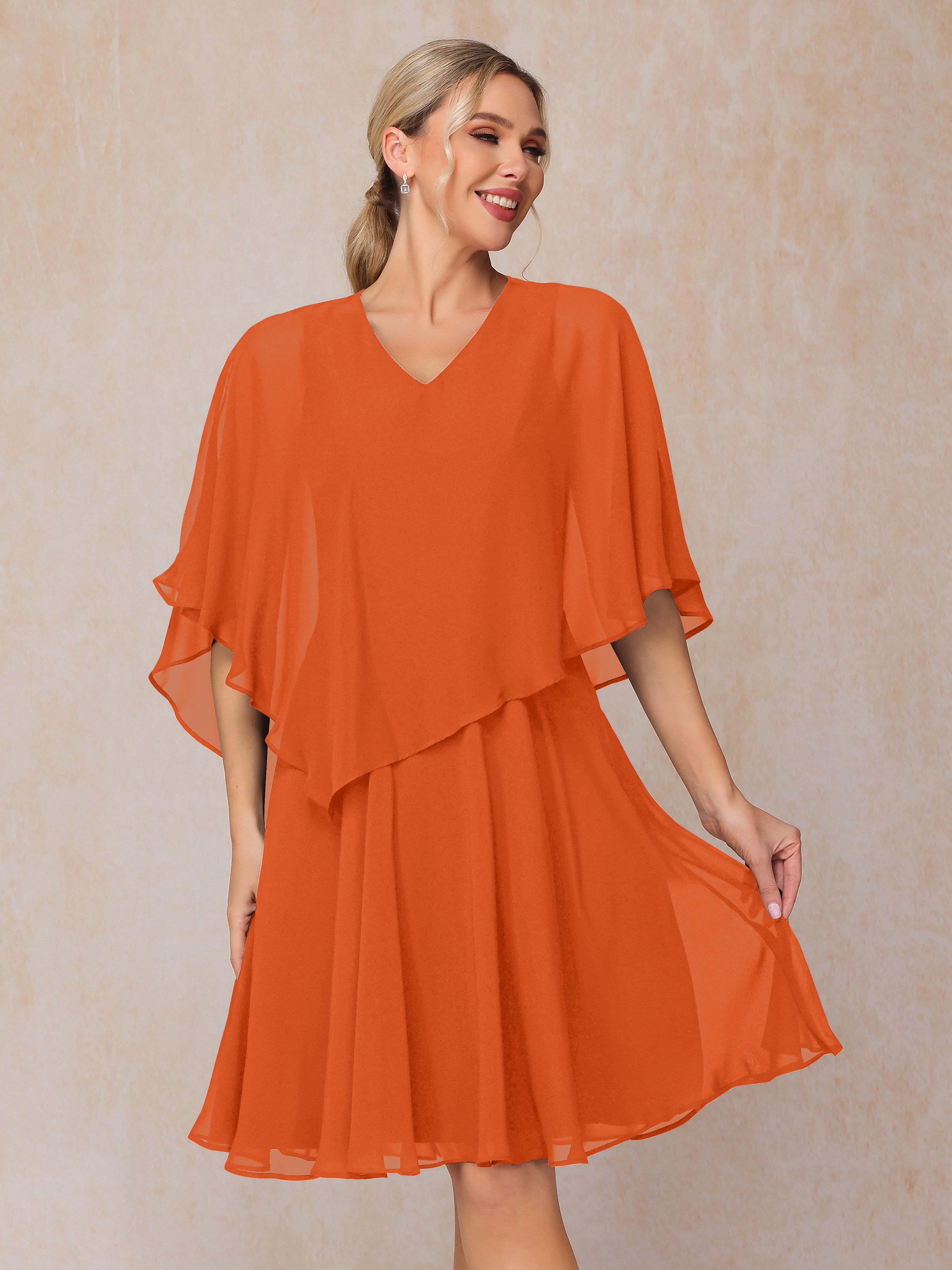 V Neck Short Sleeves Knee Length Chiffon Mother Of The  Groom Dress