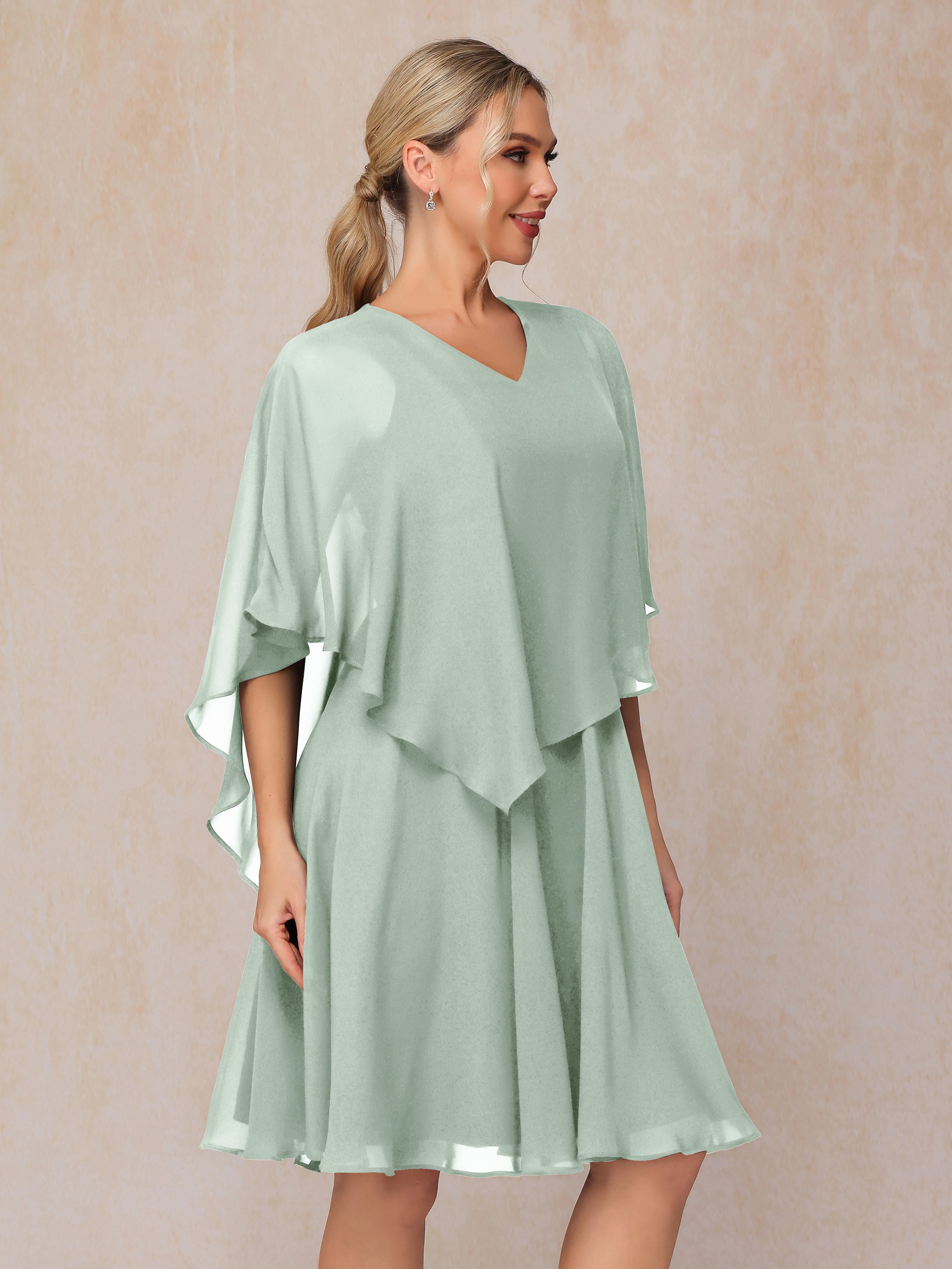 V Neck Short Sleeves Knee Length Chiffon Mother Of The  Groom Dress