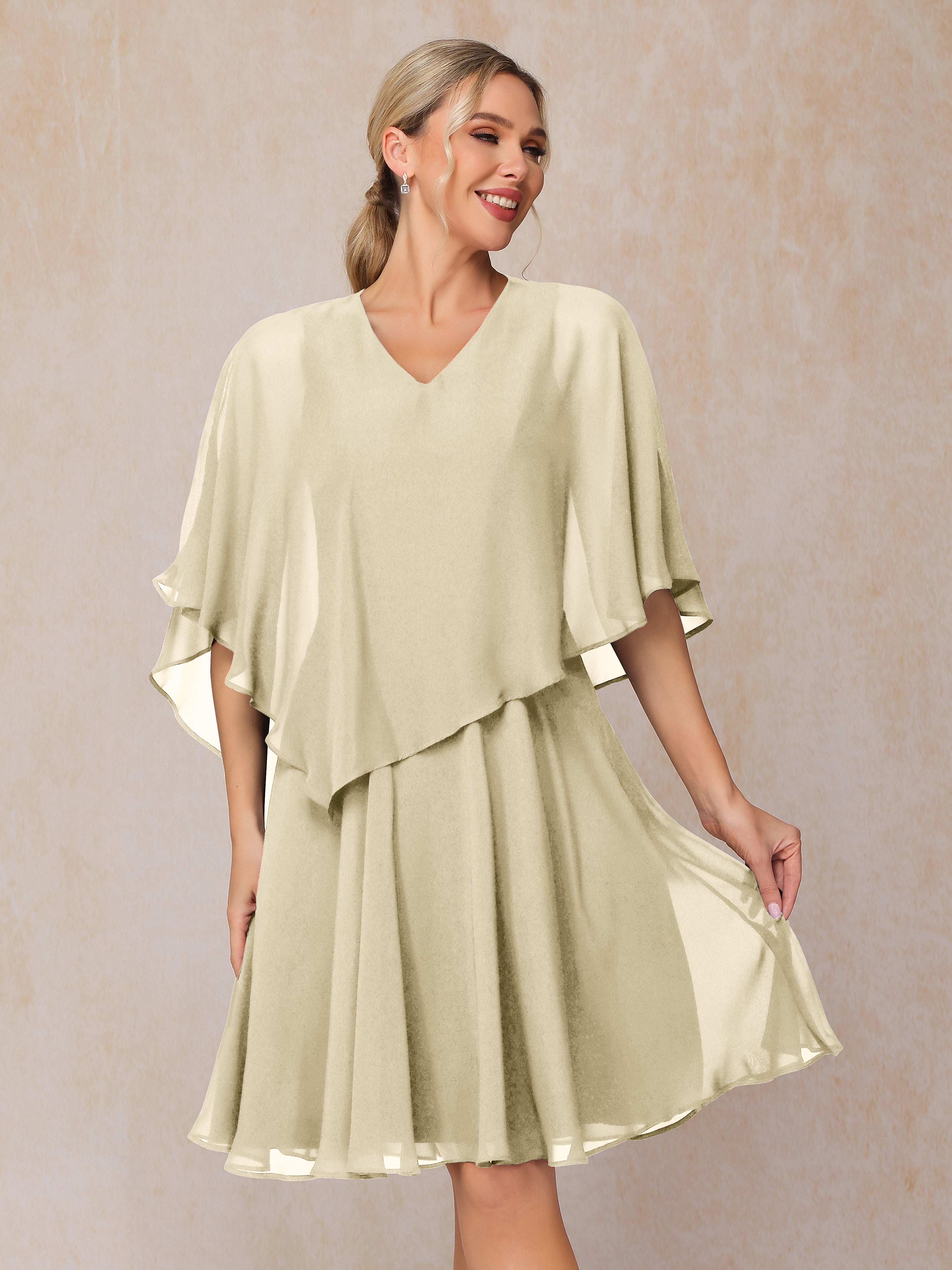 V Neck Short Sleeves Knee Length Chiffon Mother Of The  Groom Dress