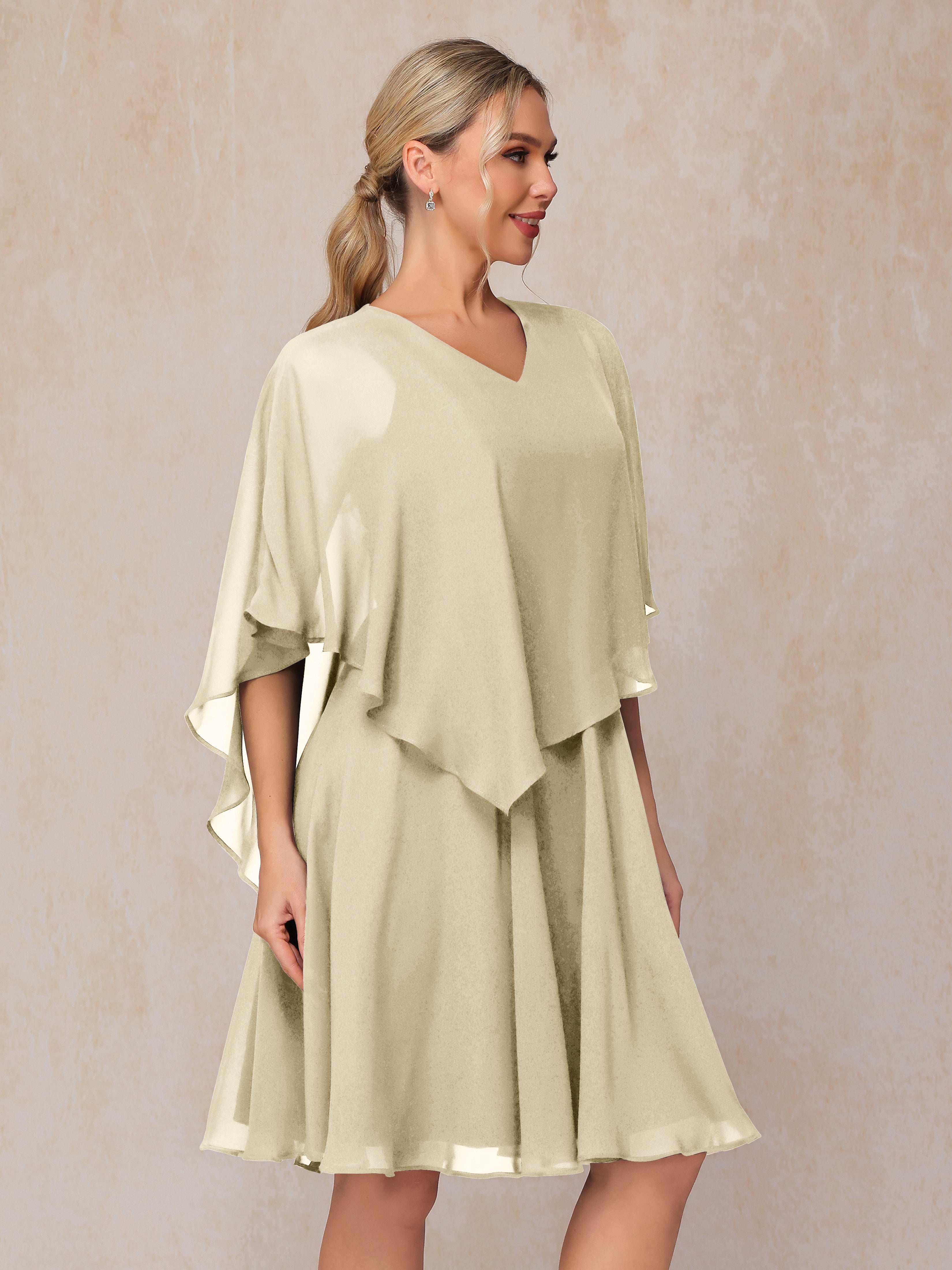 V Neck Short Sleeves Knee Length Chiffon Mother Of The  Groom Dress