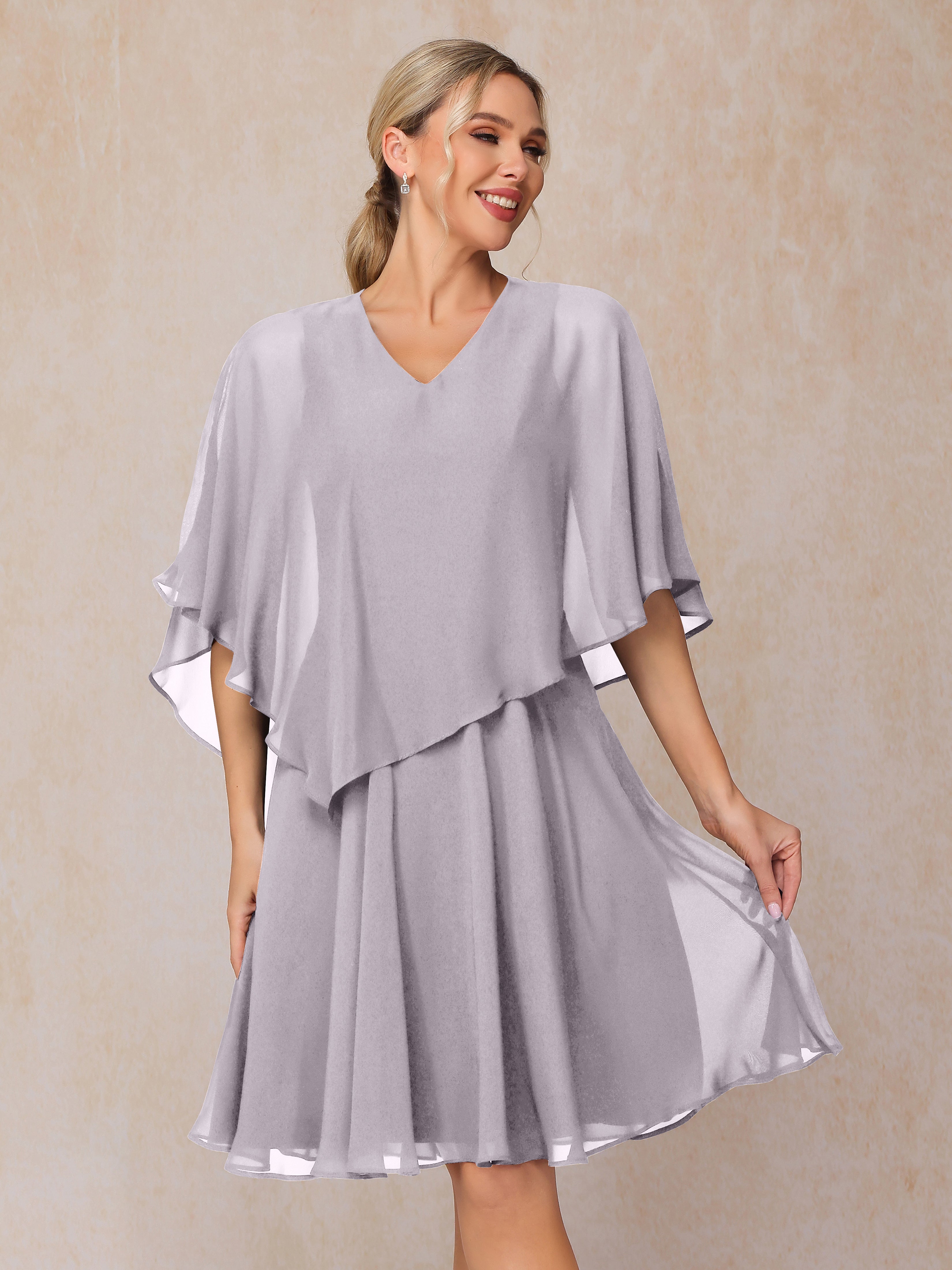 V Neck Short Sleeves Knee Length Chiffon Mother Of The  Groom Dress