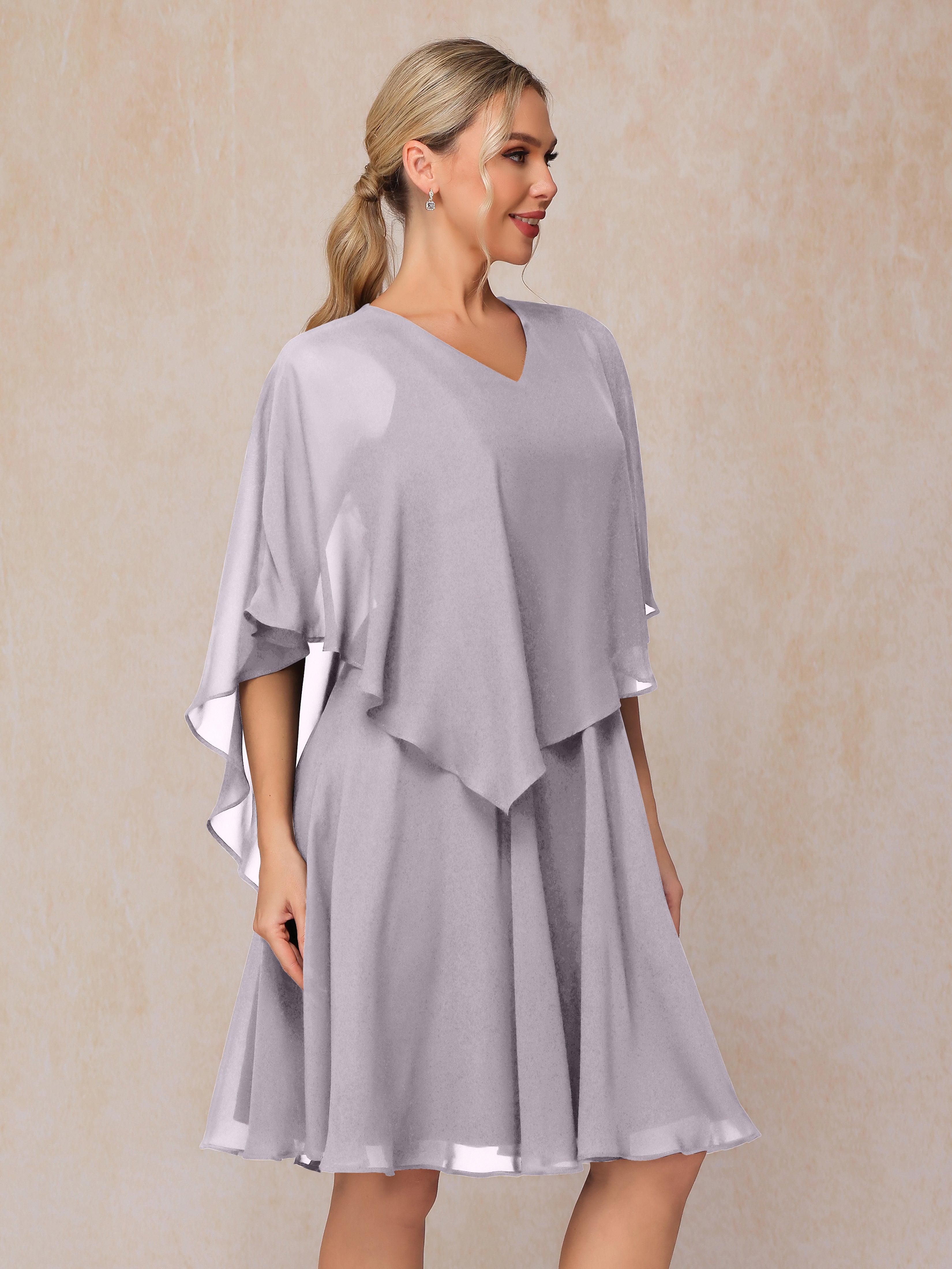 V Neck Short Sleeves Knee Length Chiffon Mother Of The  Groom Dress