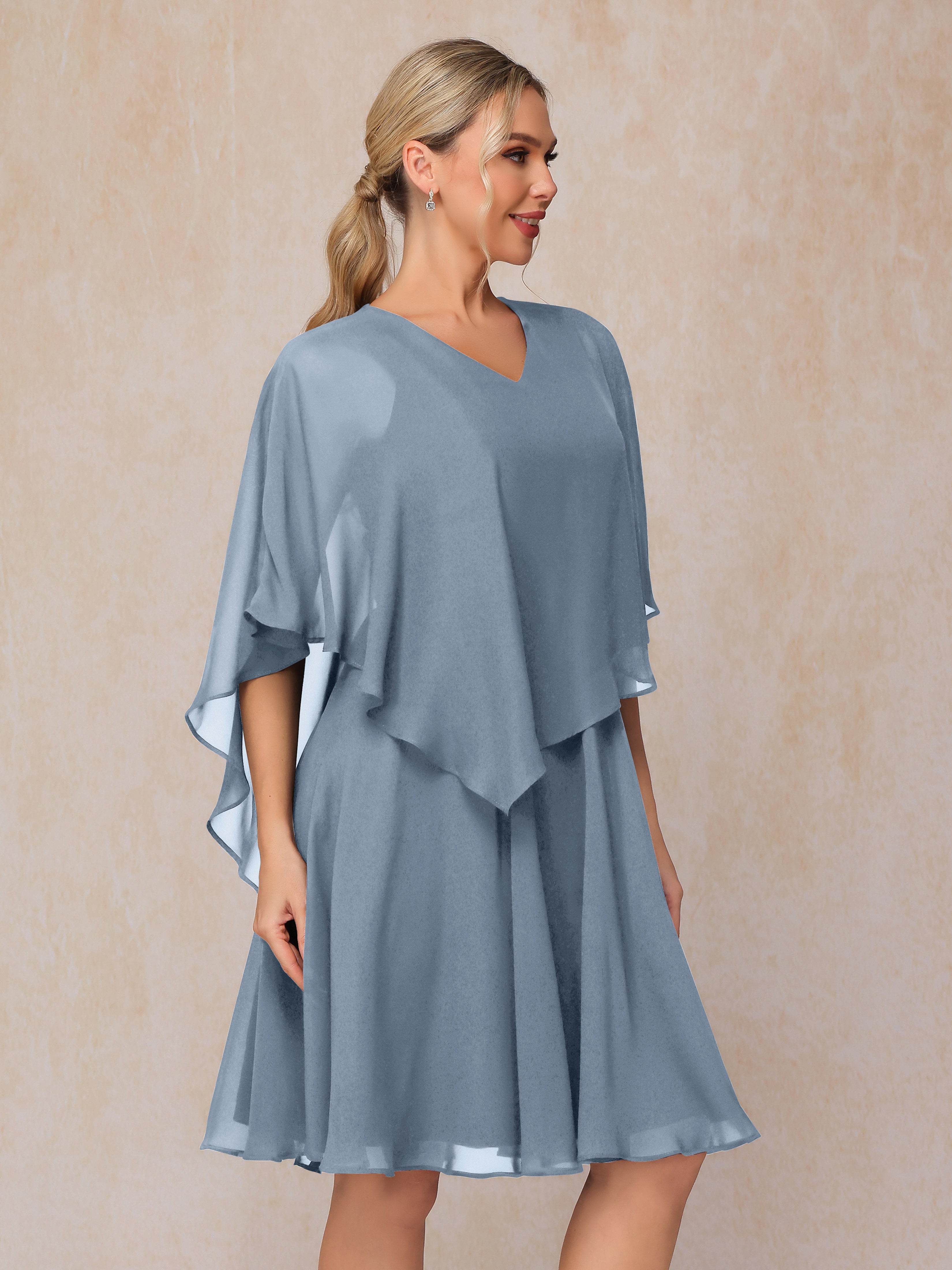 V Neck Short Sleeves Knee Length Chiffon Mother Of The  Groom Dress