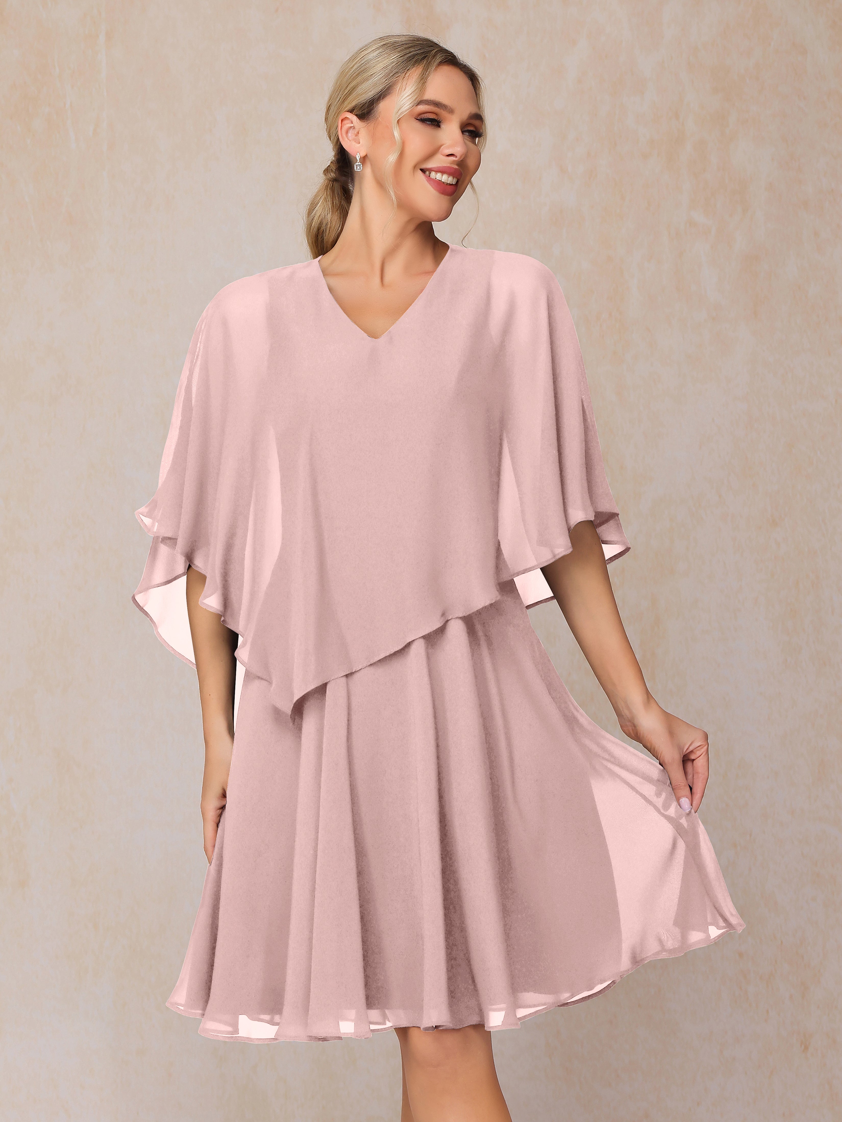 V Neck Short Sleeves Knee Length Chiffon Mother Of The  Groom Dress