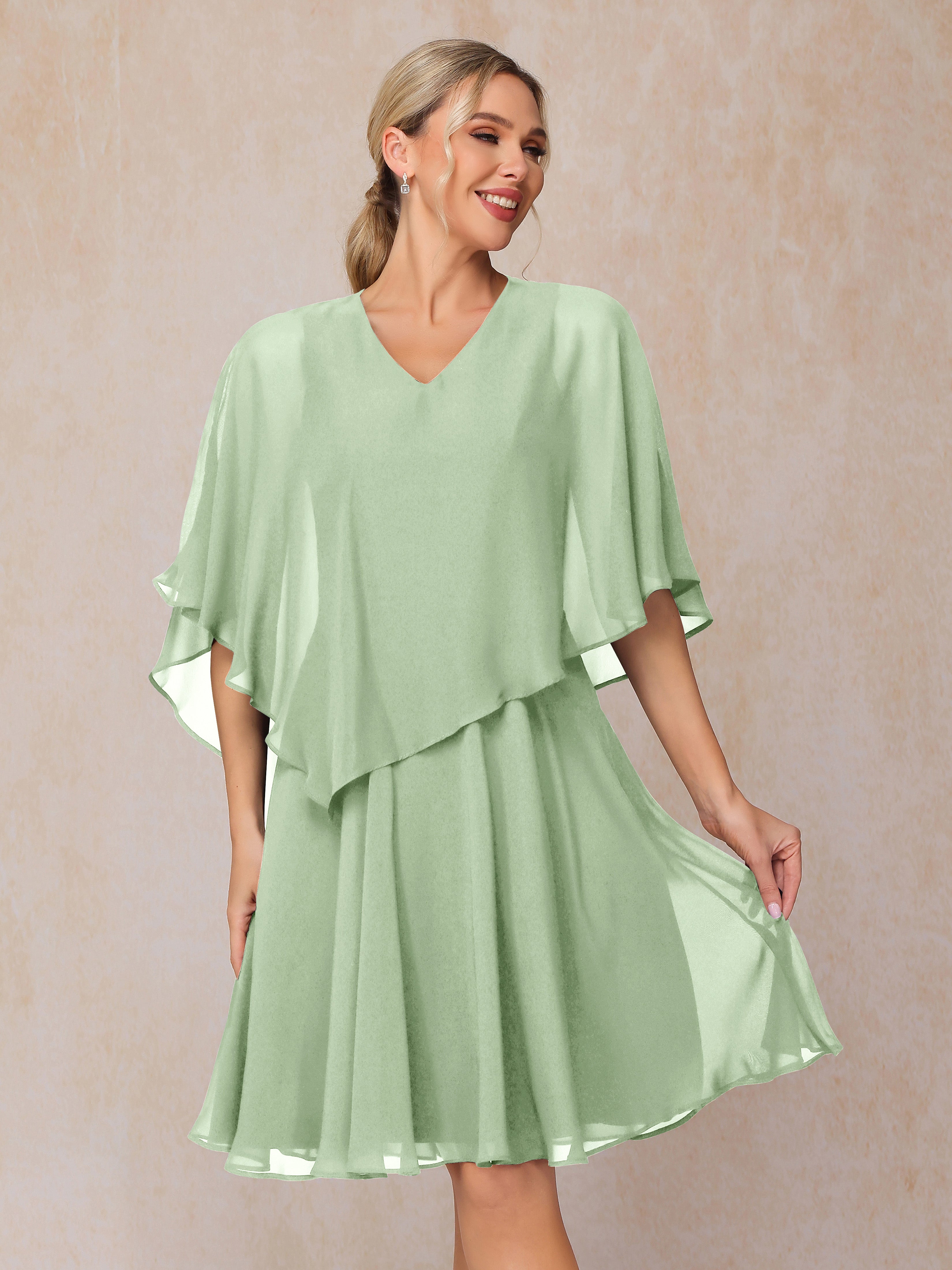 V Neck Short Sleeves Knee Length Chiffon Mother Of The  Groom Dress