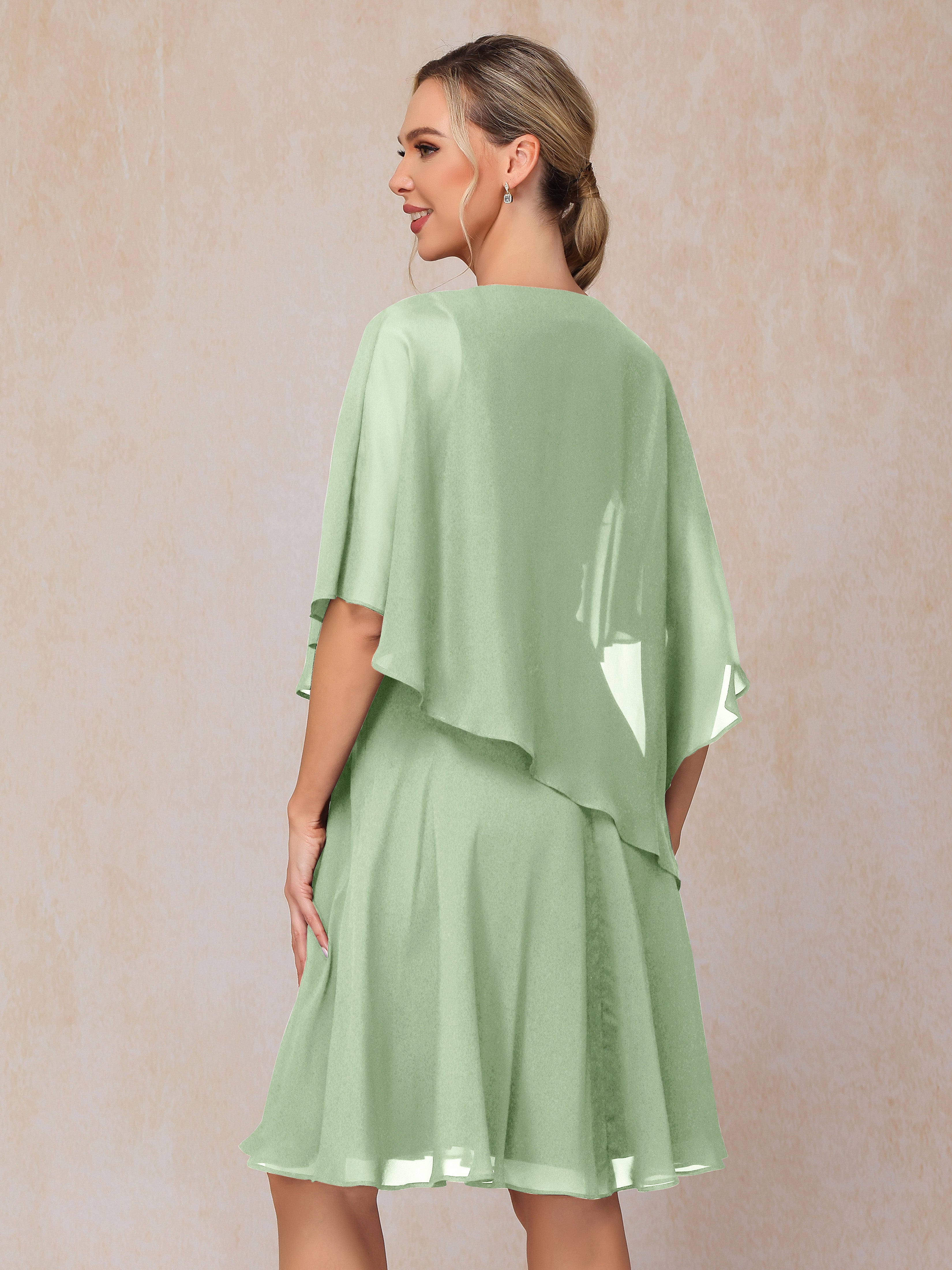 V Neck Short Sleeves Knee Length Chiffon Mother Of The  Groom Dress