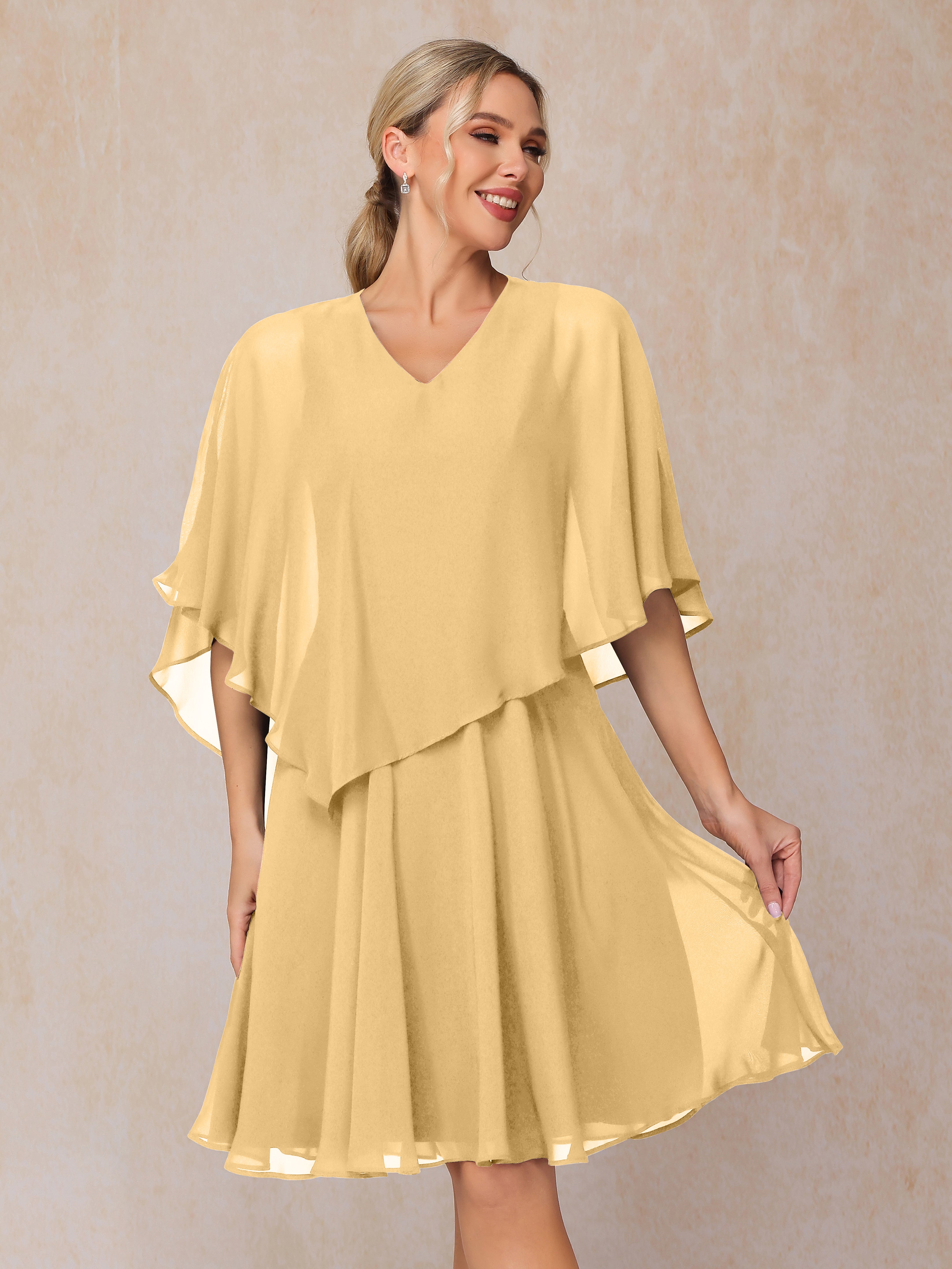 V Neck Short Sleeves Knee Length Chiffon Mother Of The  Groom Dress