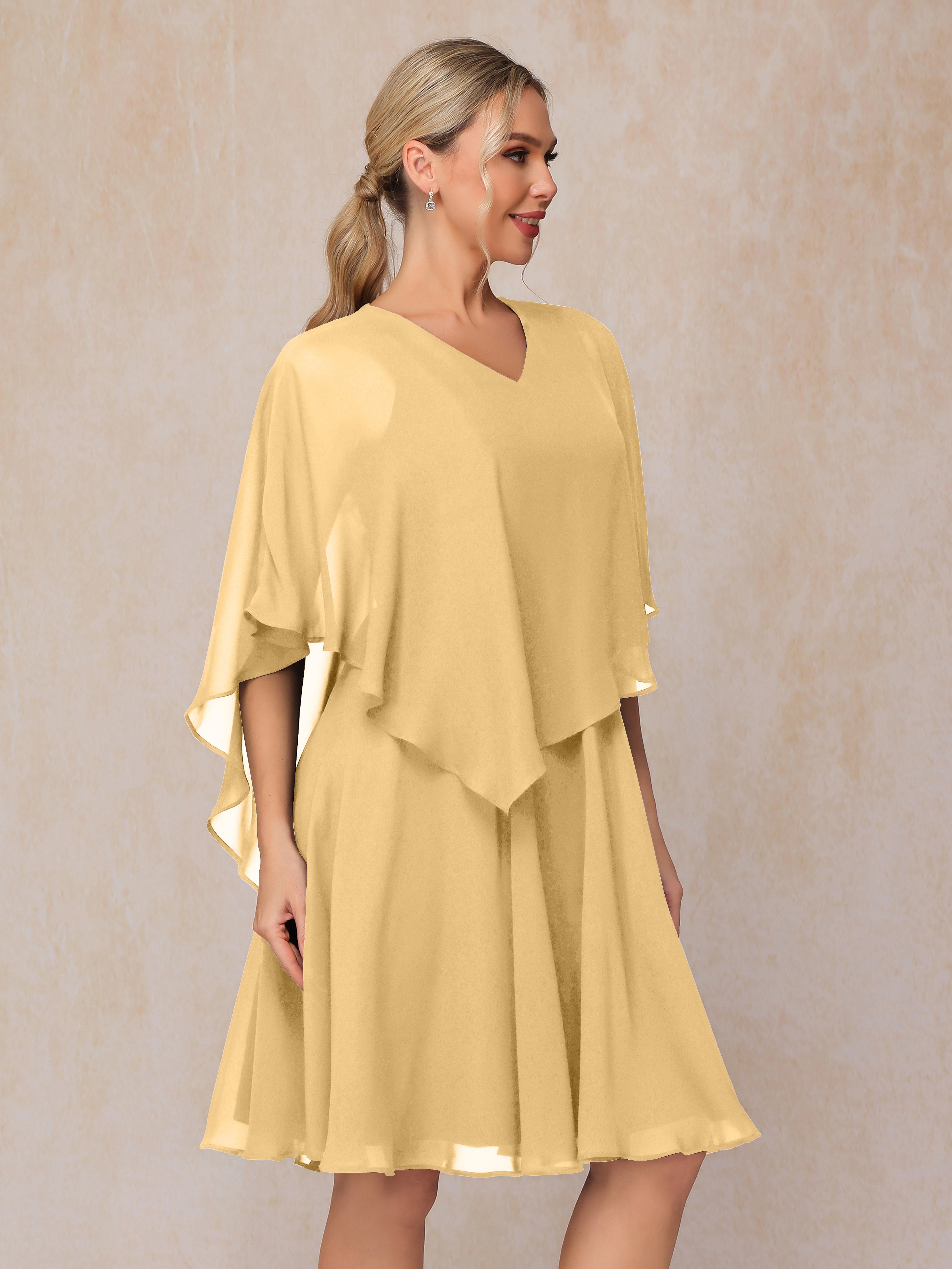 V Neck Short Sleeves Knee Length Chiffon Mother Of The  Groom Dress