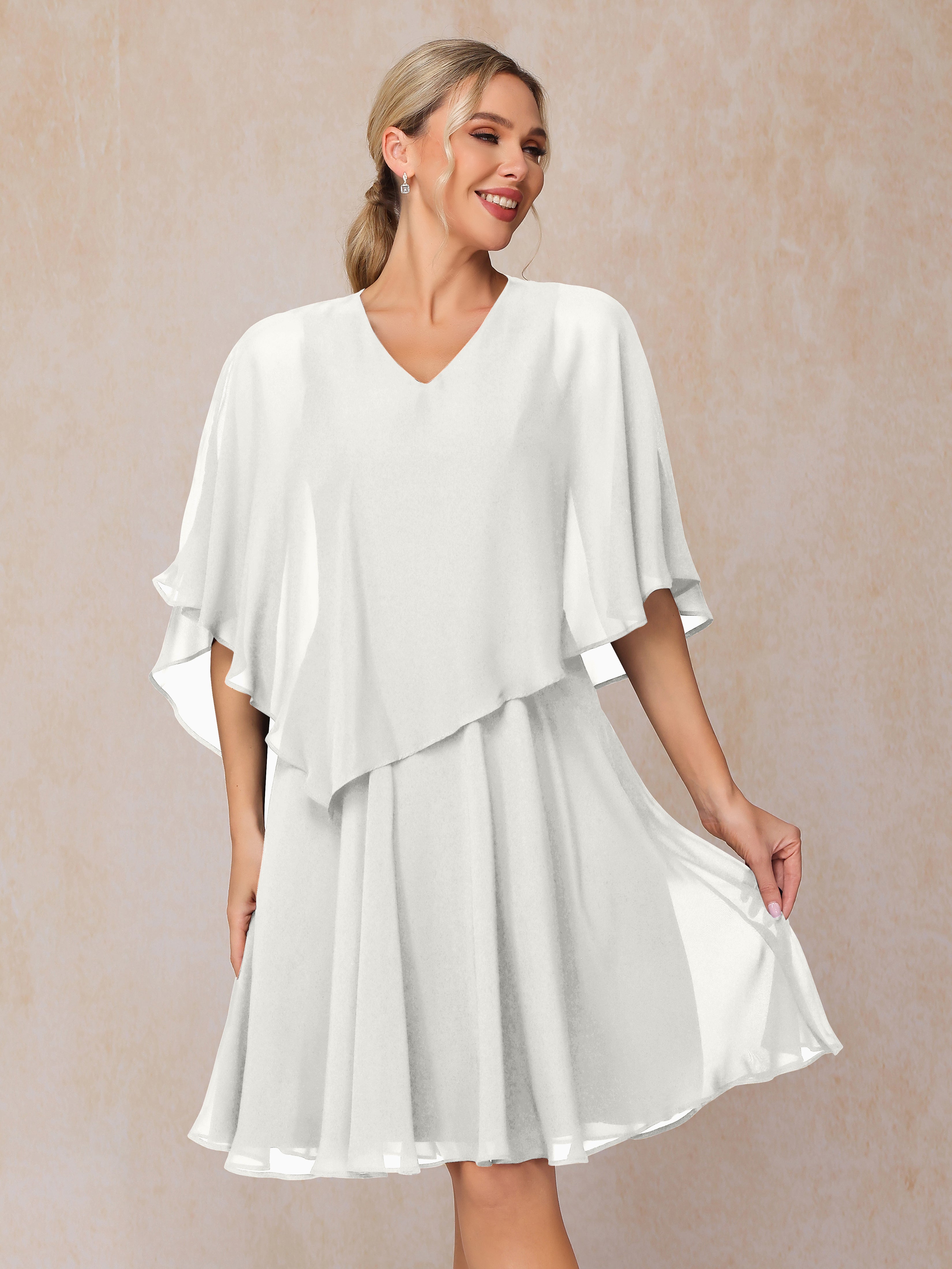 V Neck Short Sleeves Knee Length Chiffon Mother Of The  Groom Dress