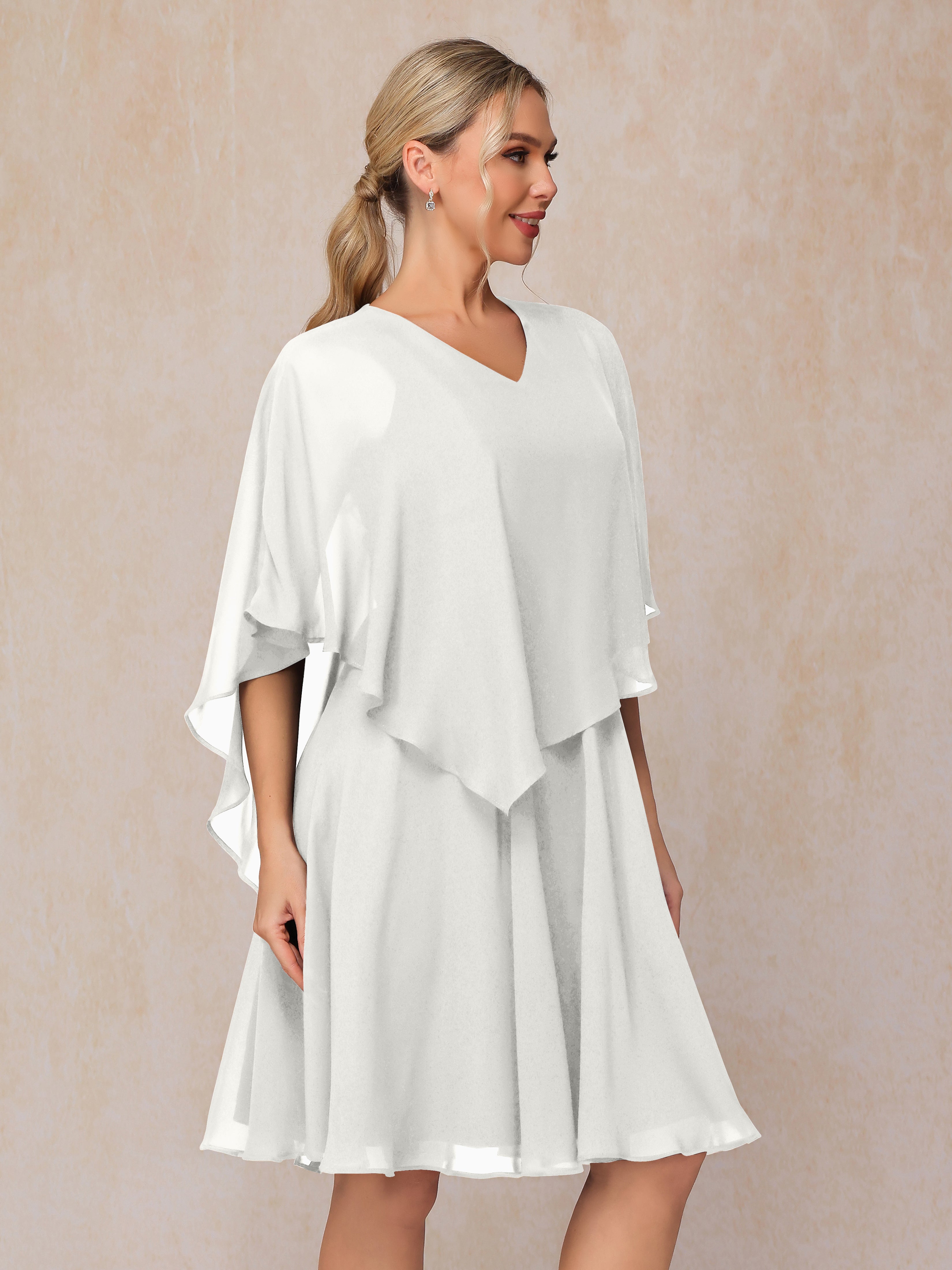 V Neck Short Sleeves Knee Length Chiffon Mother Of The  Groom Dress