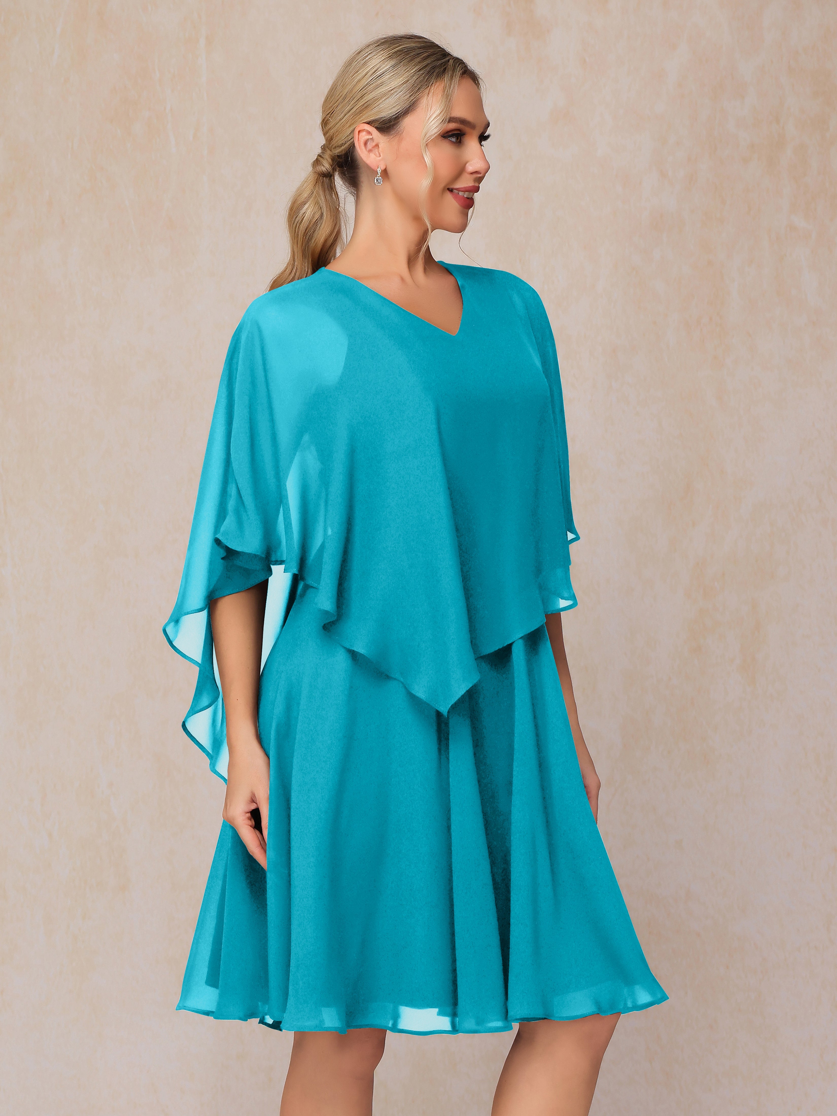 V Neck Short Sleeves Knee Length Chiffon Mother Of The  Groom Dress