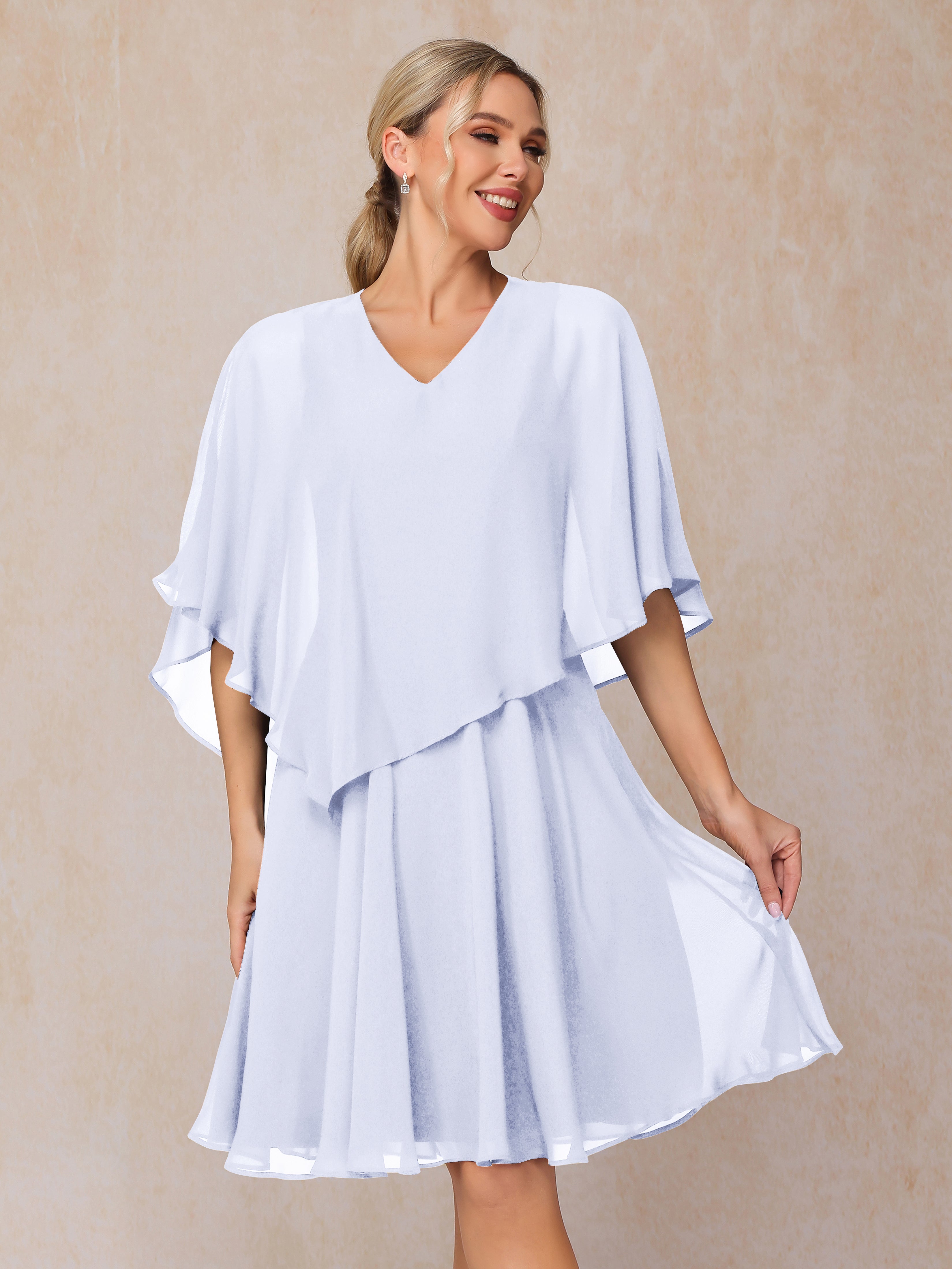 V Neck Short Sleeves Knee Length Chiffon Mother Of The  Groom Dress