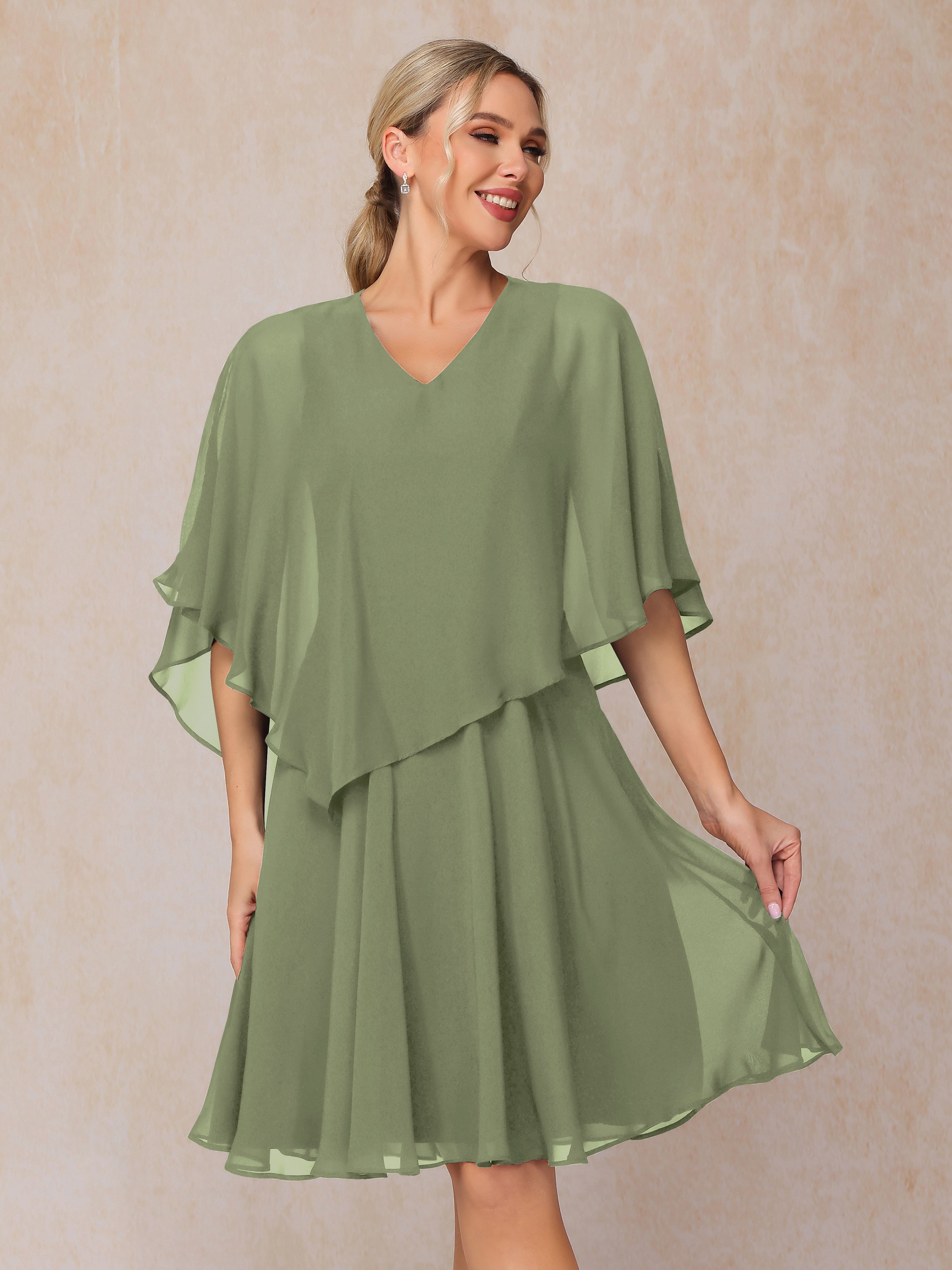 V Neck Short Sleeves Knee Length Chiffon Mother Of The  Groom Dress