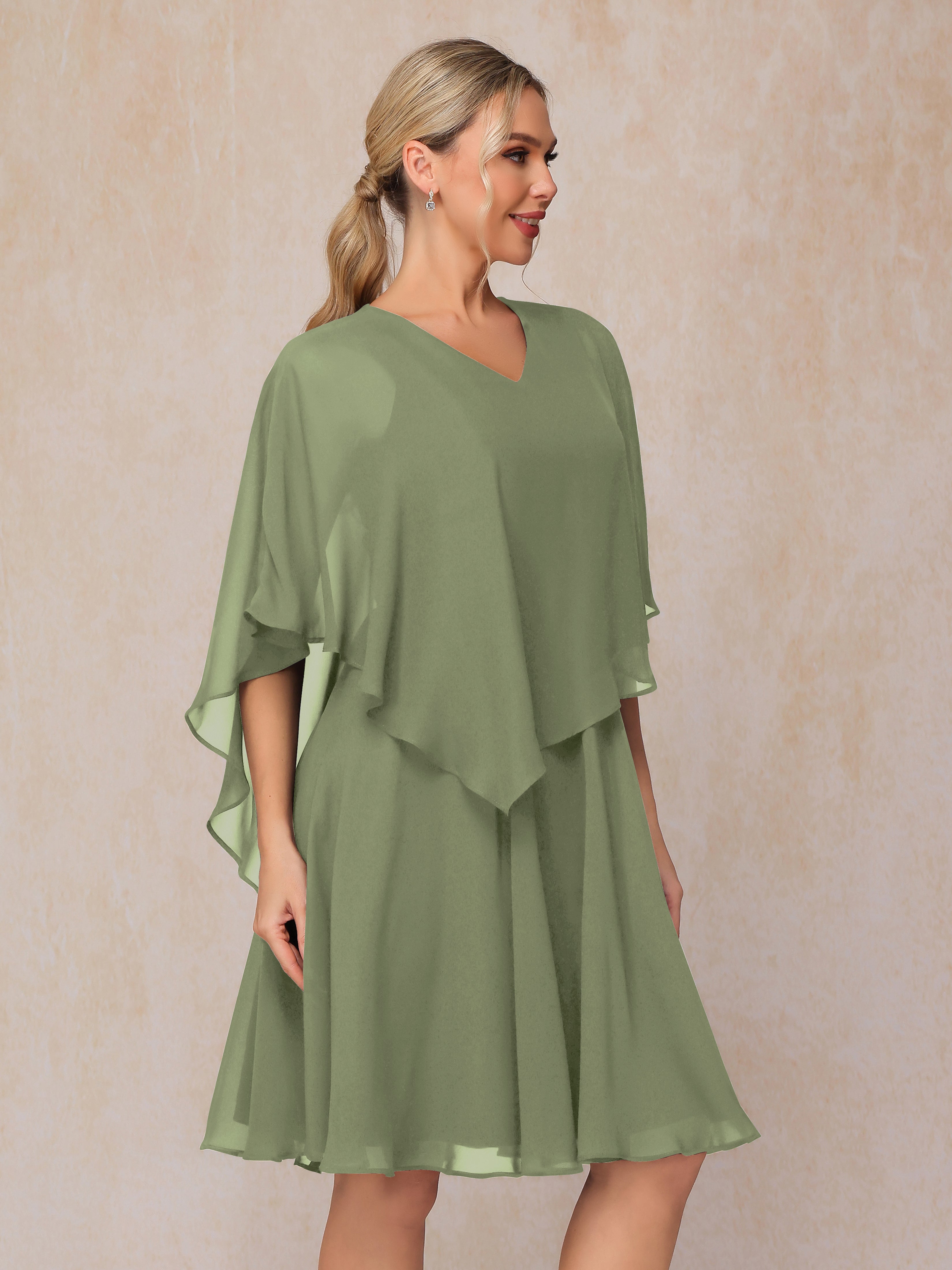 V Neck Short Sleeves Knee Length Chiffon Mother Of The  Groom Dress