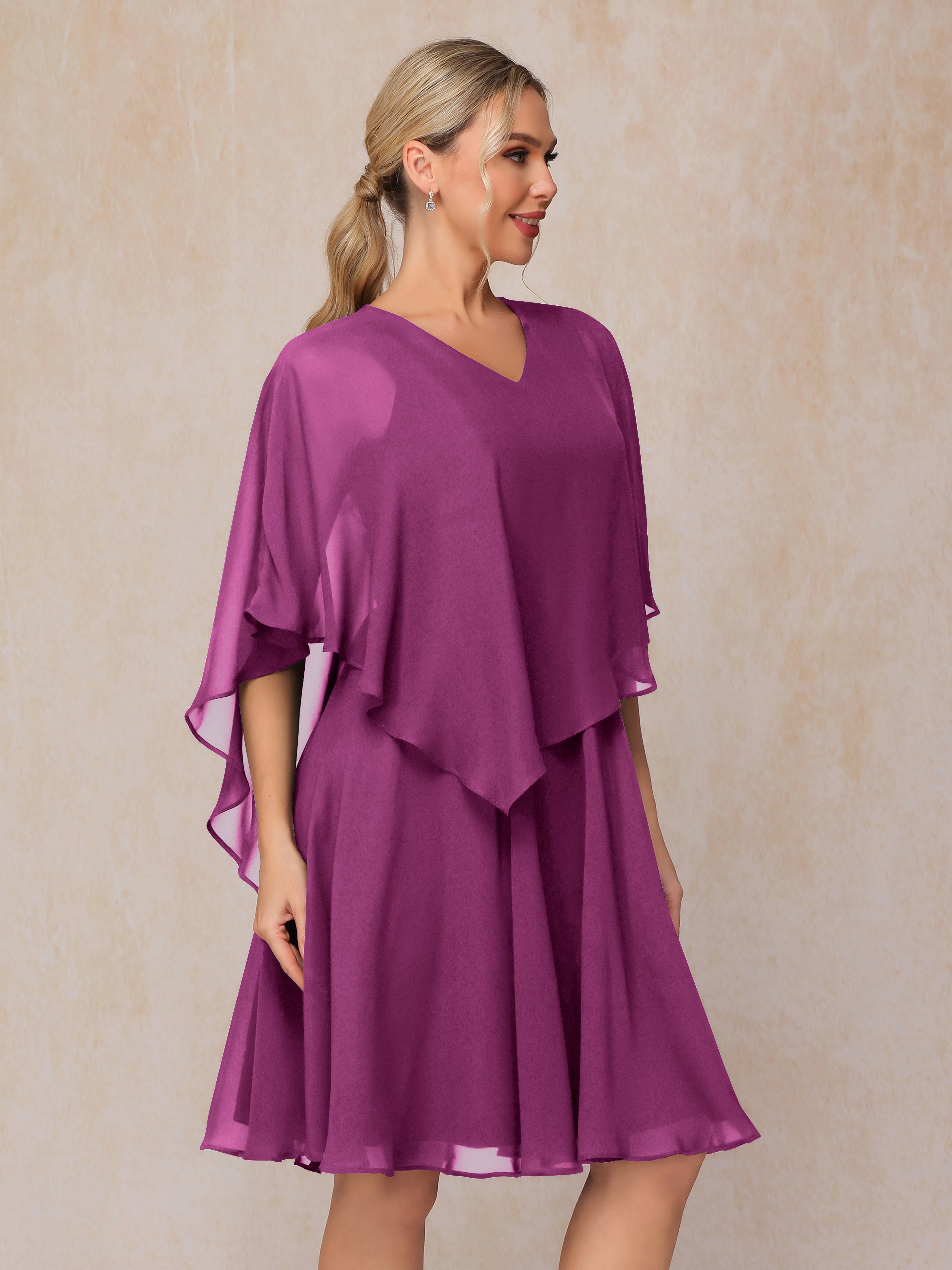 V Neck Short Sleeves Knee Length Chiffon Mother Of The  Groom Dress