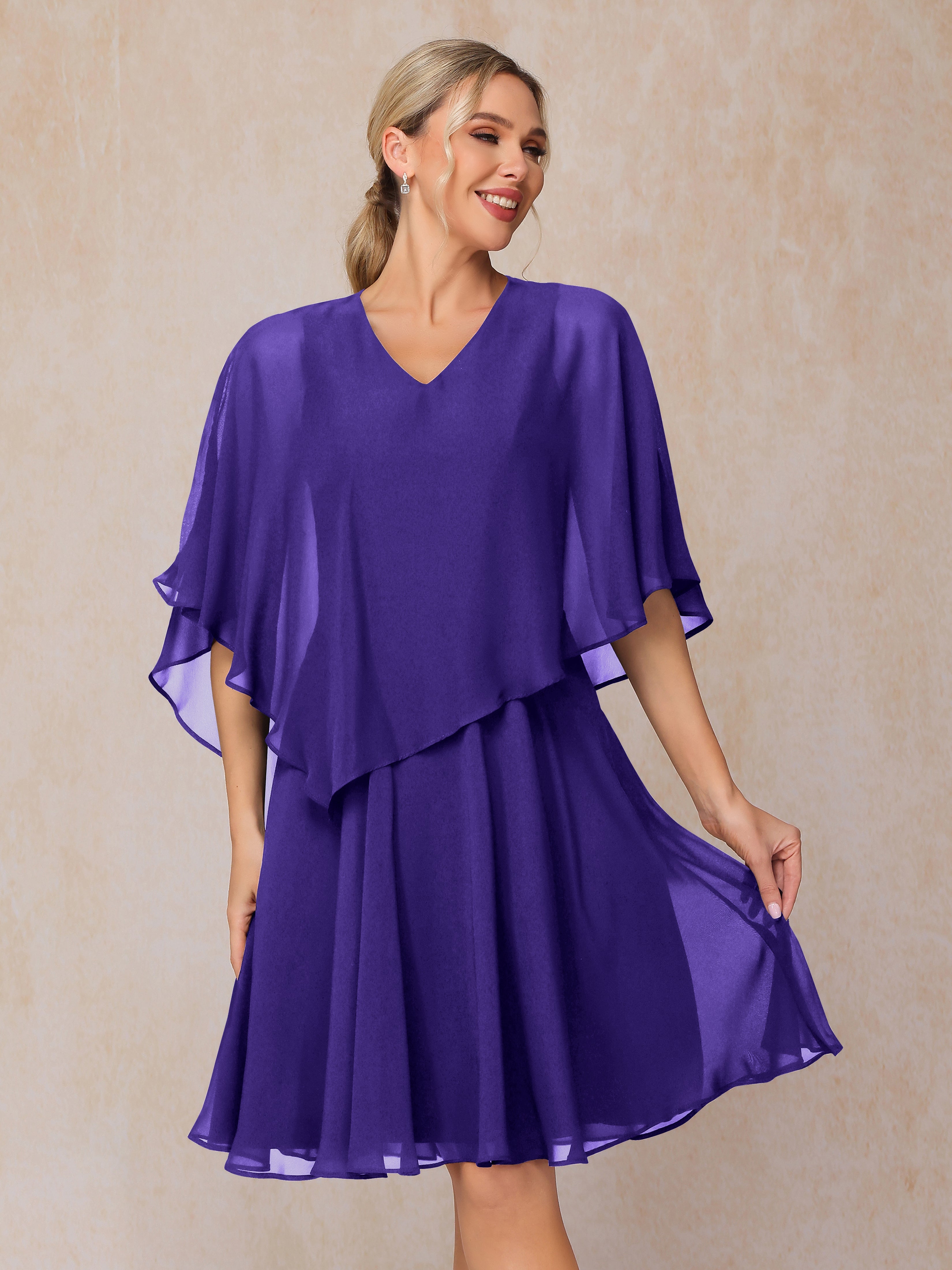 V Neck Short Sleeves Knee Length Chiffon Mother Of The  Groom Dress