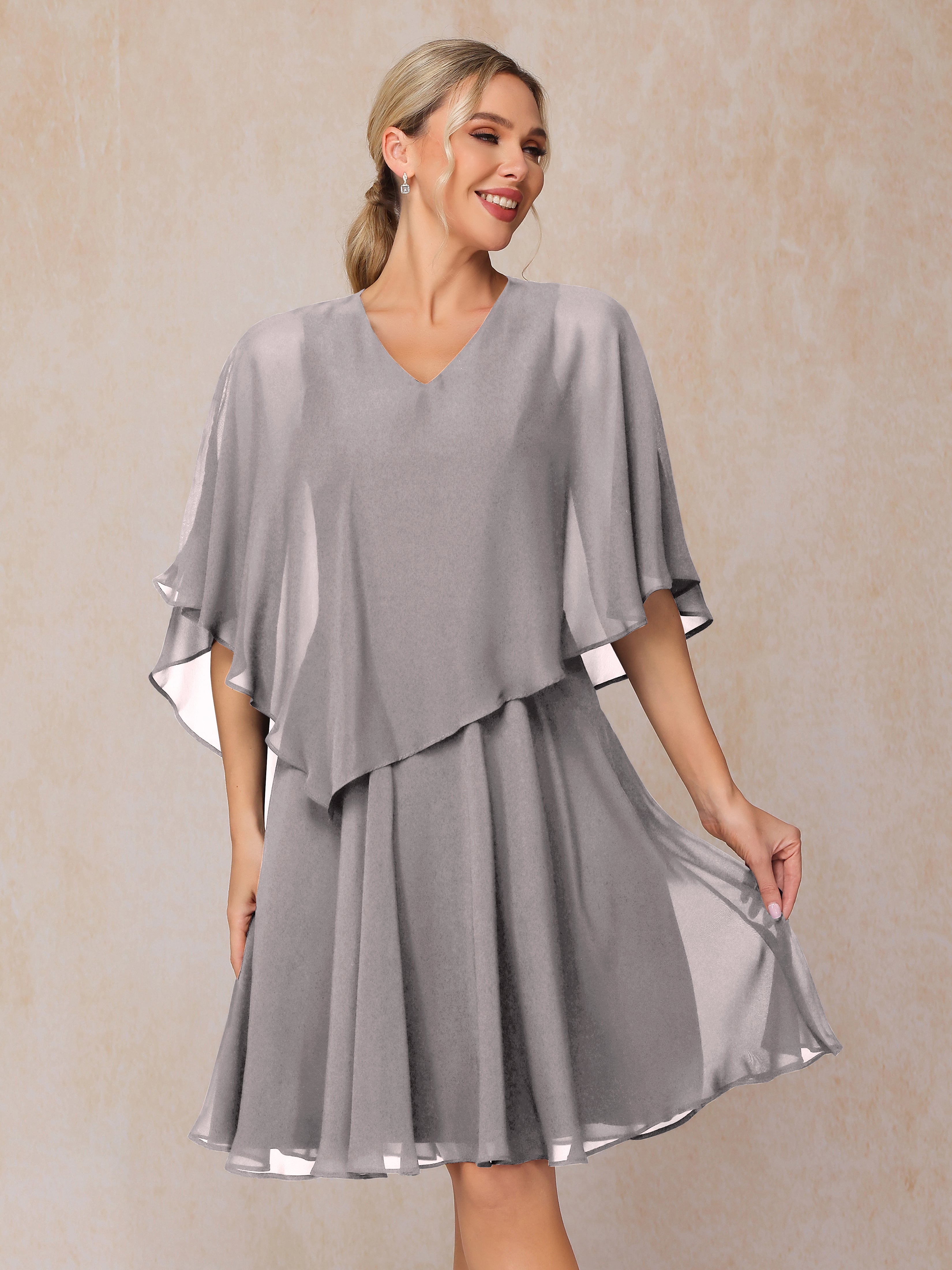 V Neck Short Sleeves Knee Length Chiffon Mother Of The  Groom Dress