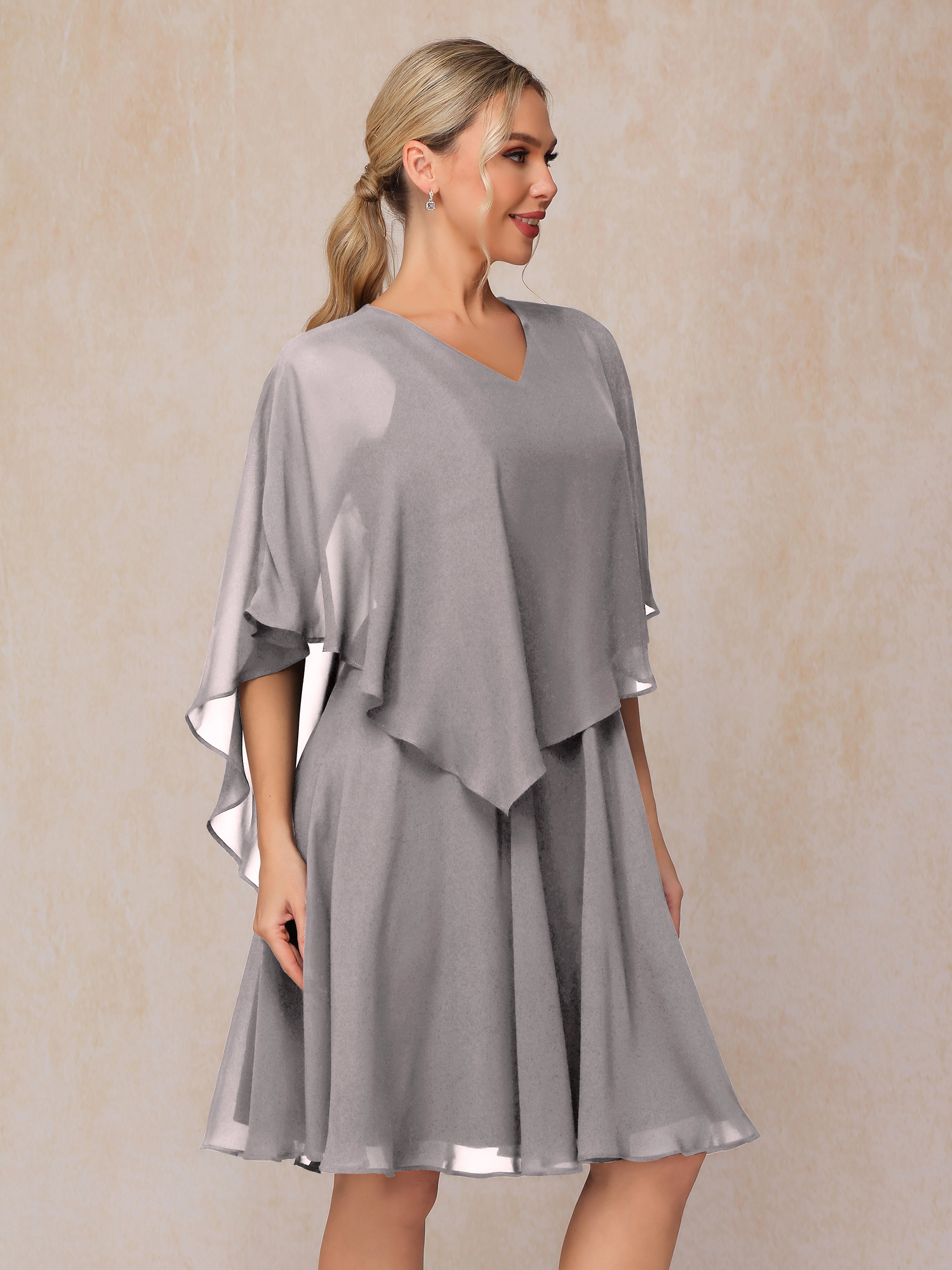 V Neck Short Sleeves Knee Length Chiffon Mother Of The  Groom Dress