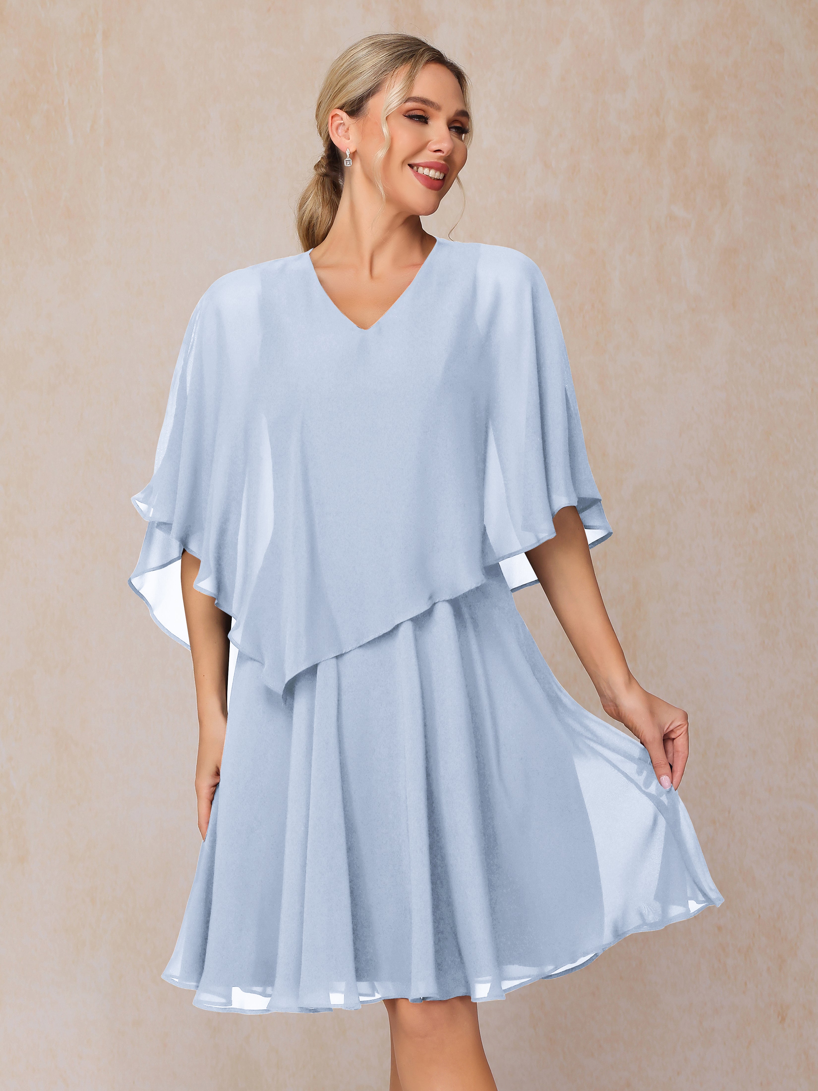 V Neck Short Sleeves Knee Length Chiffon Mother Of The  Groom Dress