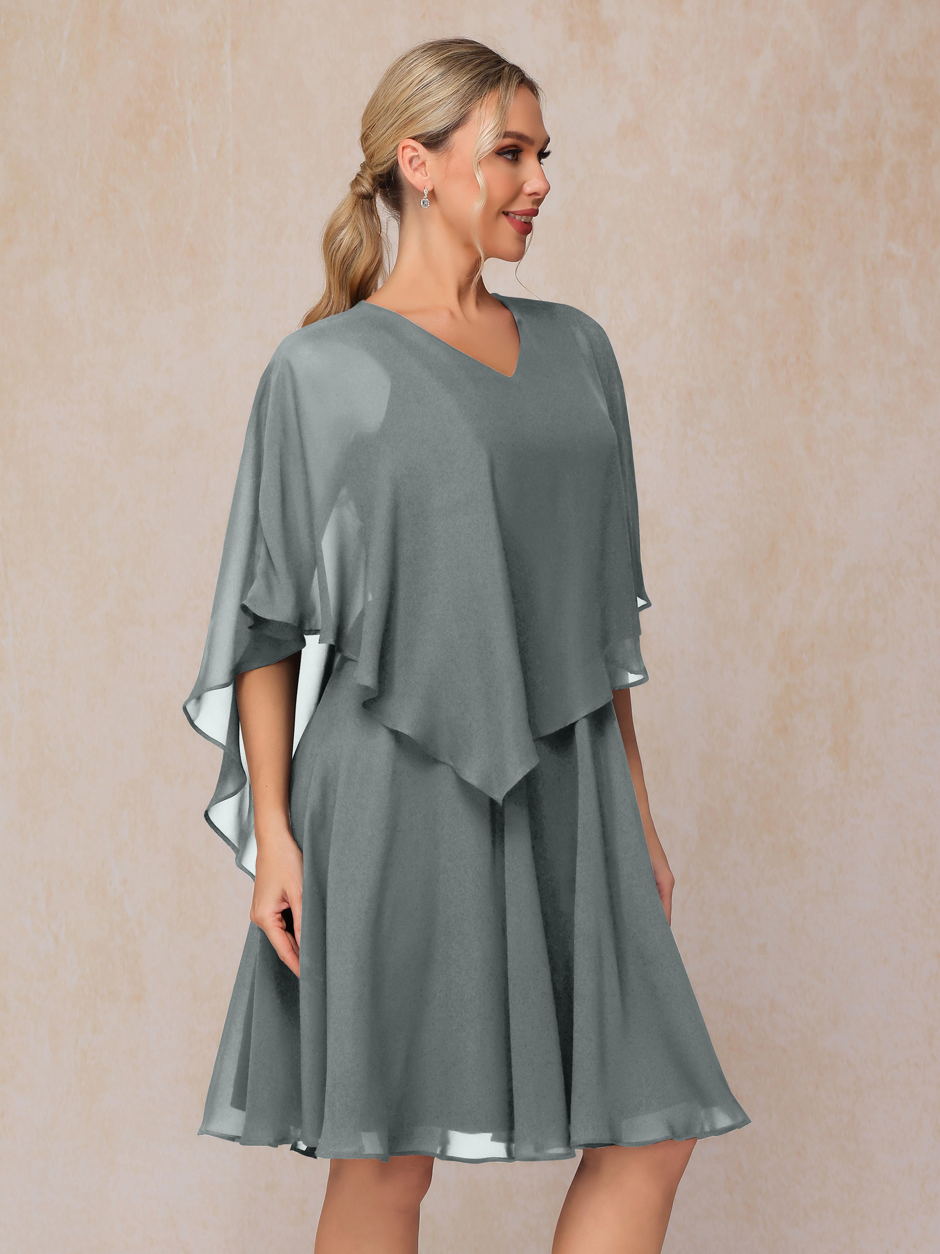 V Neck Short Sleeves Knee Length Chiffon Mother Of The  Groom Dress