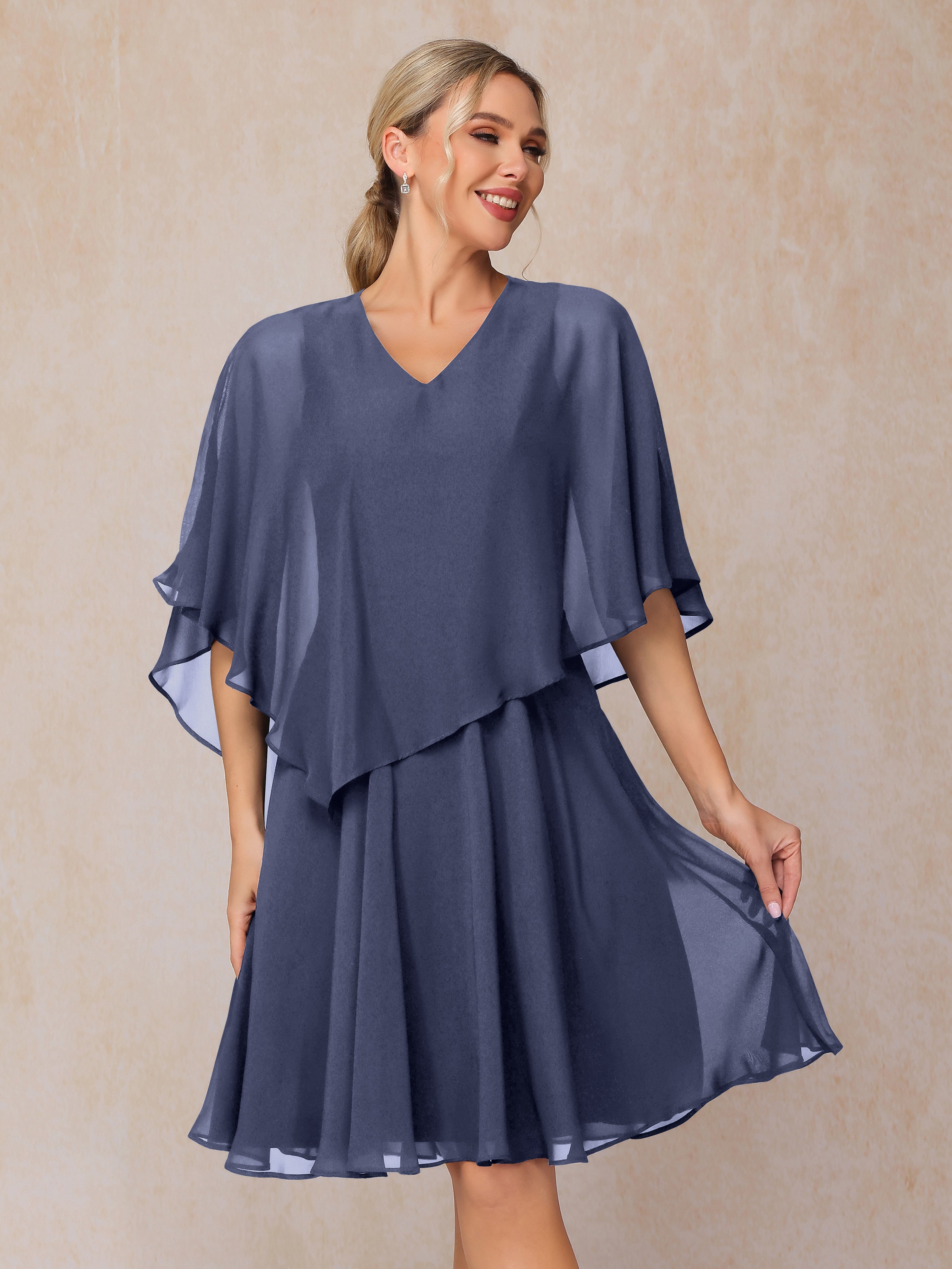 V Neck Short Sleeves Knee Length Chiffon Mother Of The  Groom Dress