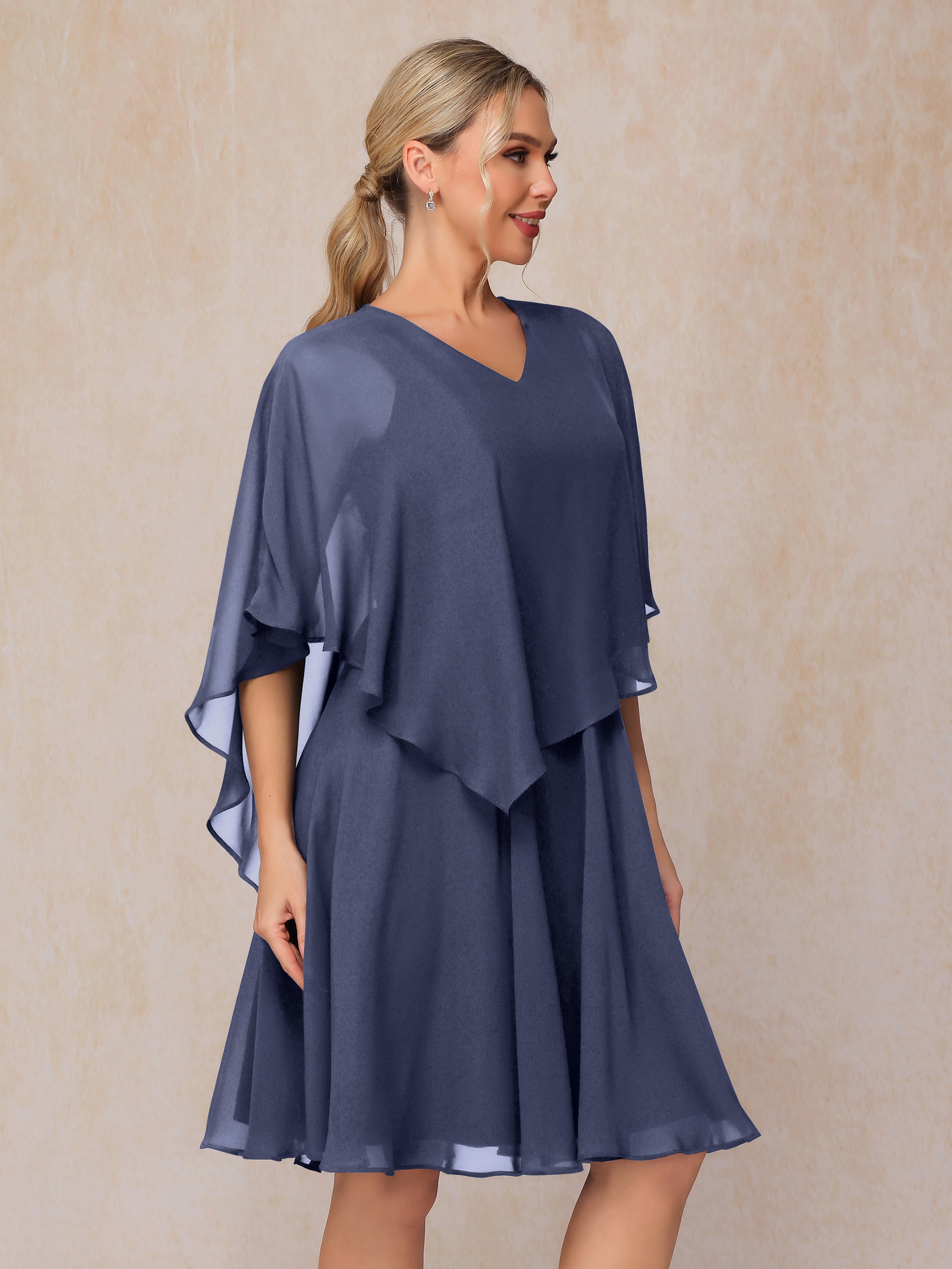 V Neck Short Sleeves Knee Length Chiffon Mother Of The  Groom Dress