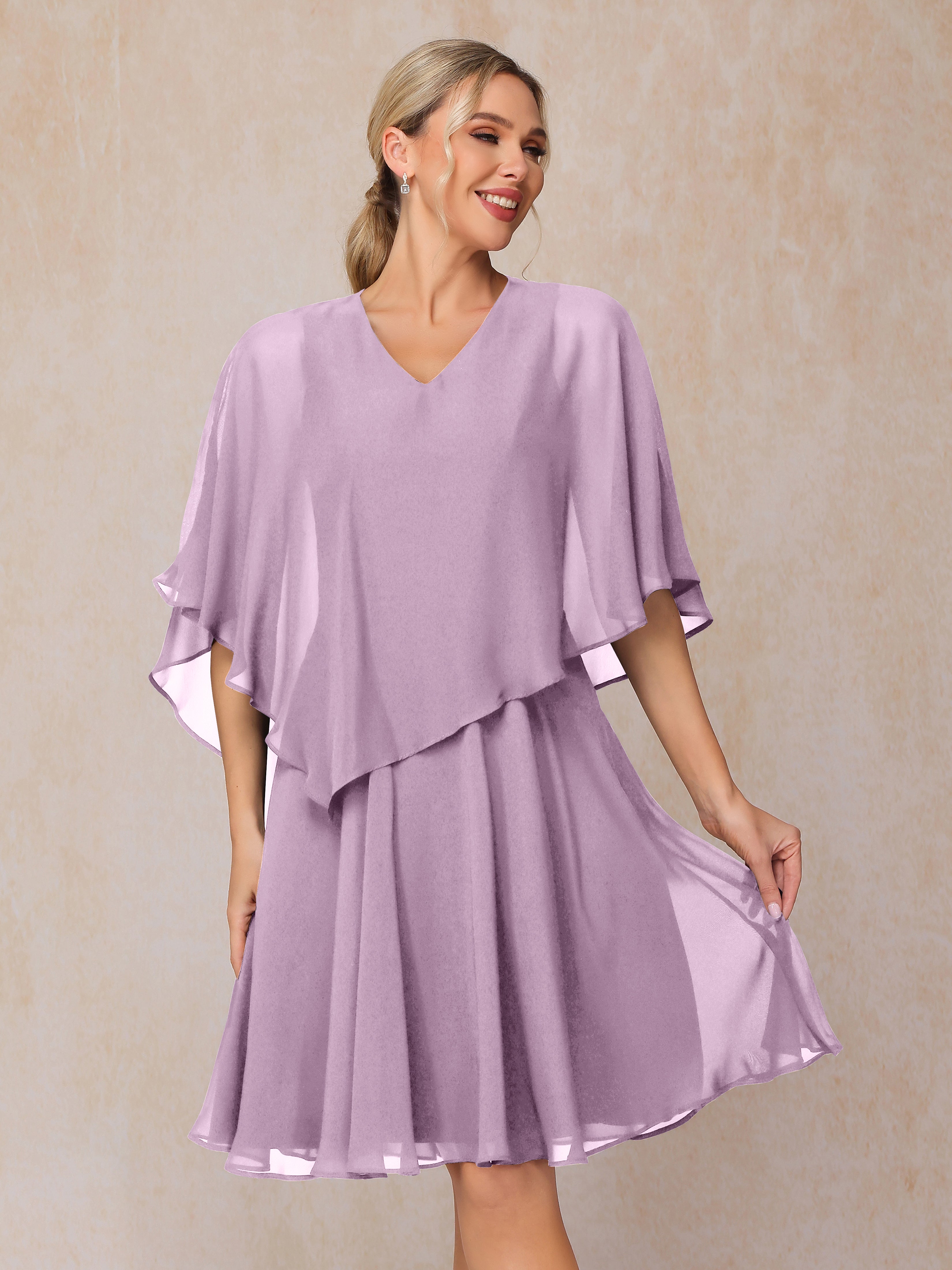 V Neck Short Sleeves Knee Length Chiffon Mother Of The  Groom Dress