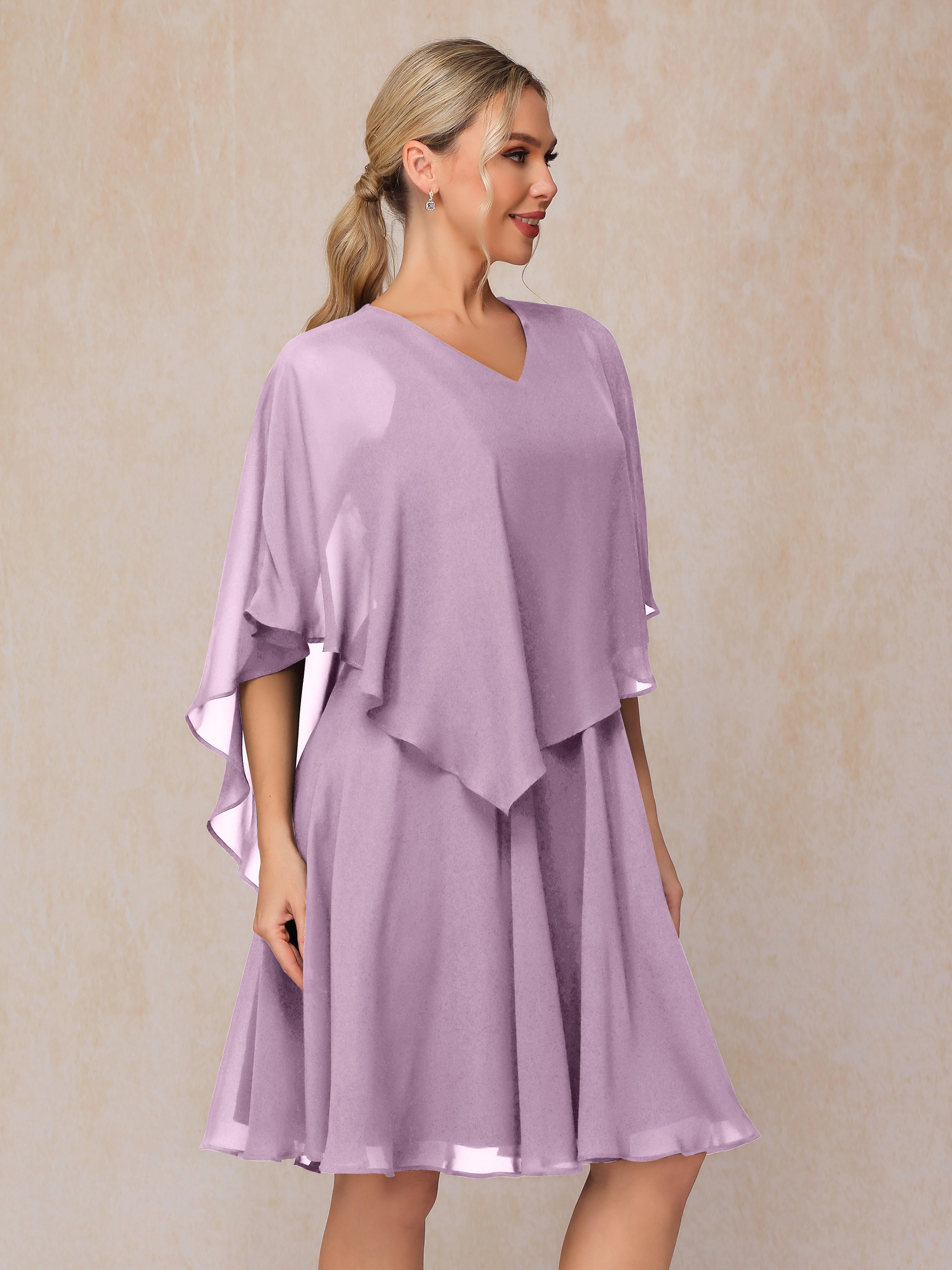 V Neck Short Sleeves Knee Length Chiffon Mother Of The  Groom Dress