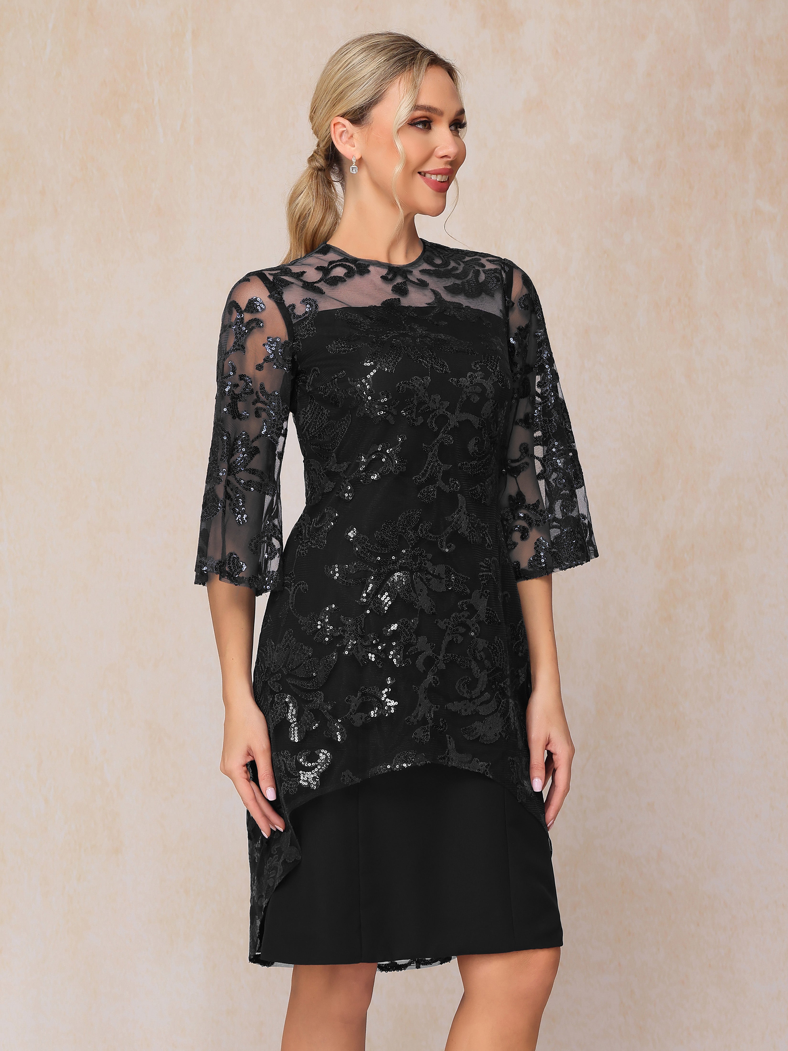 Short Sleeves Knee Length Sequins Lace Mother Of The  Groom Dress