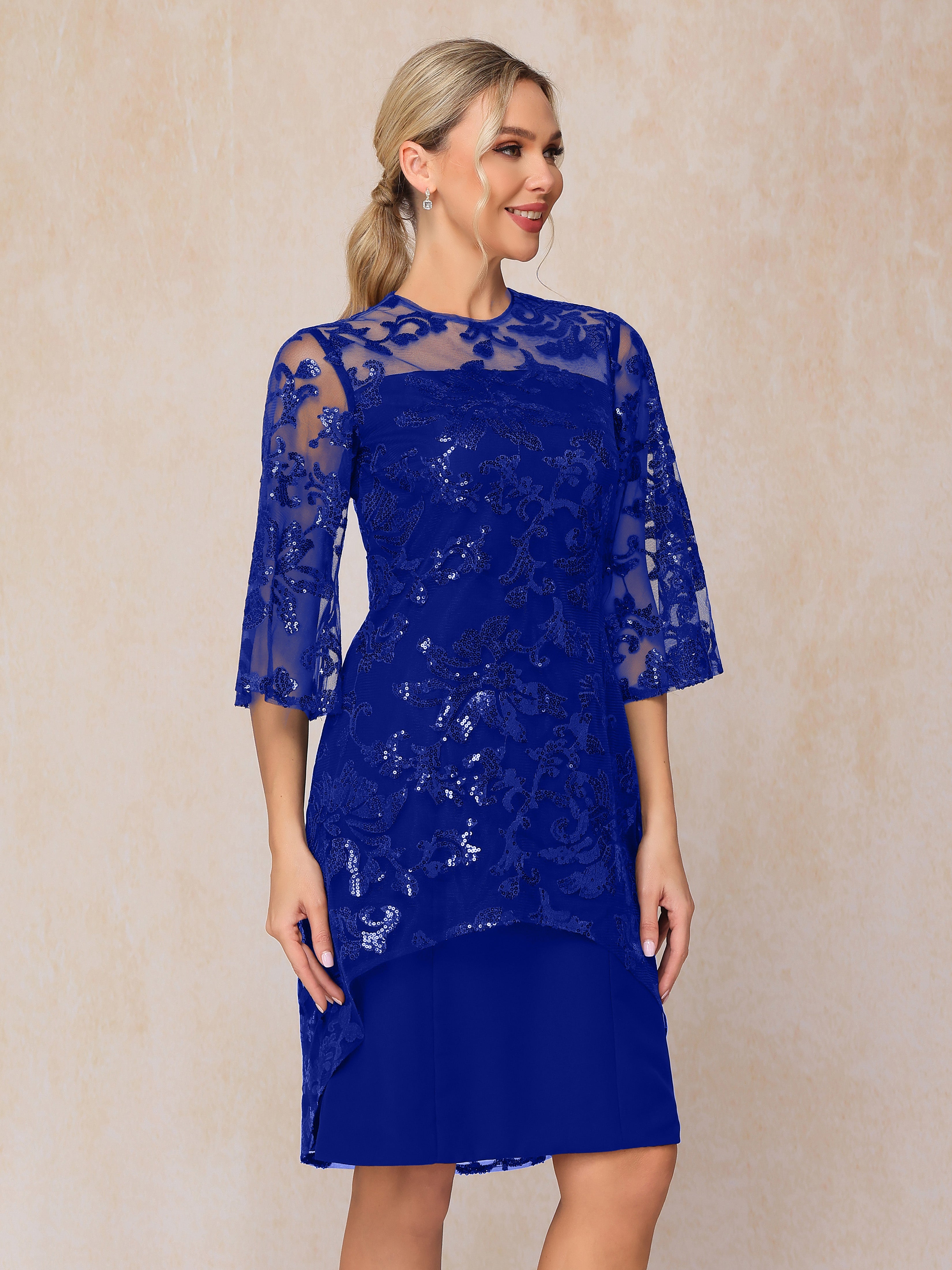 Short Sleeves Knee Length Sequins Lace Mother Of The  Groom Dress