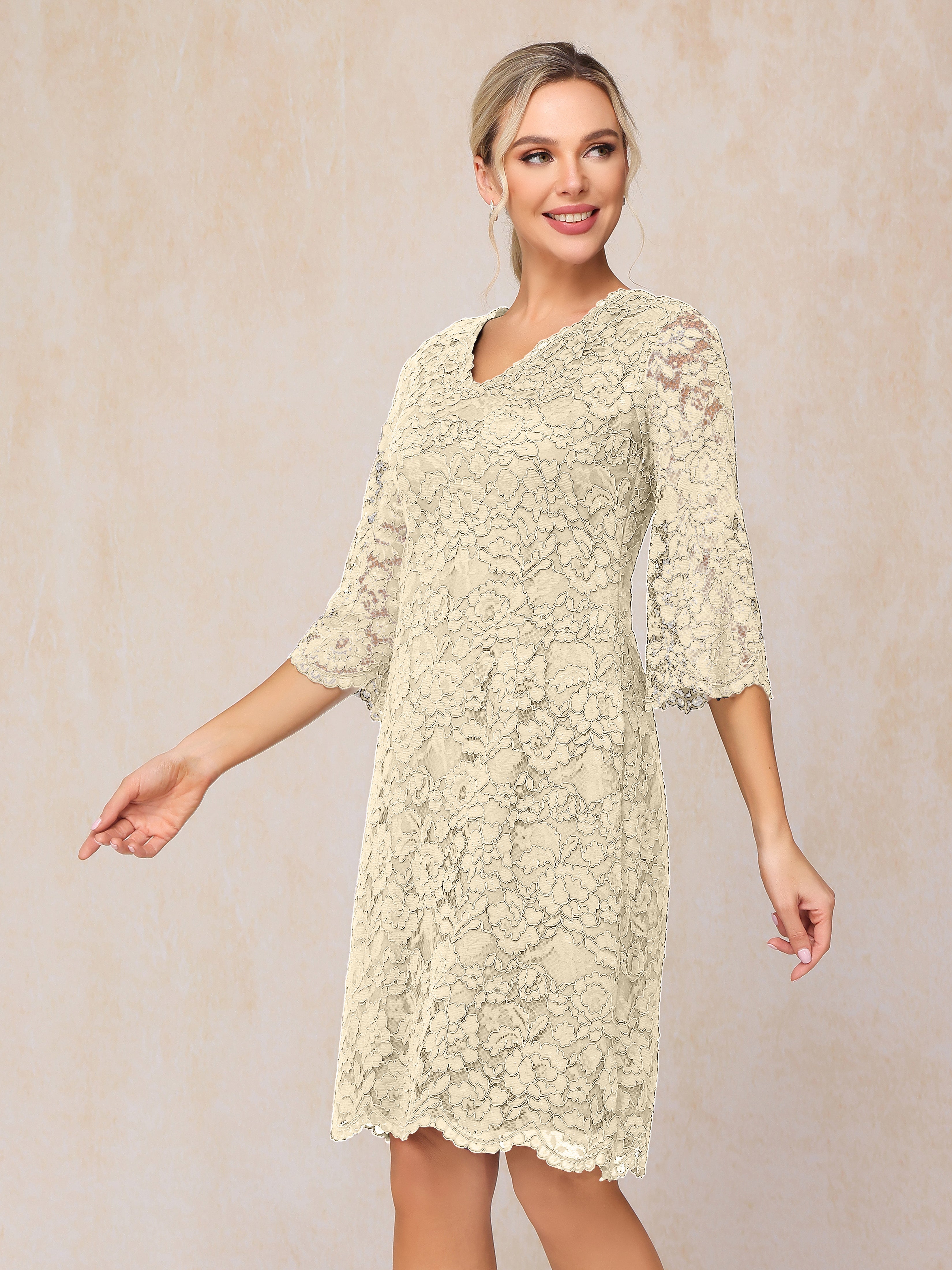 3/4 Sleeves Knee Length Lace Mother Of The  Groom Dress