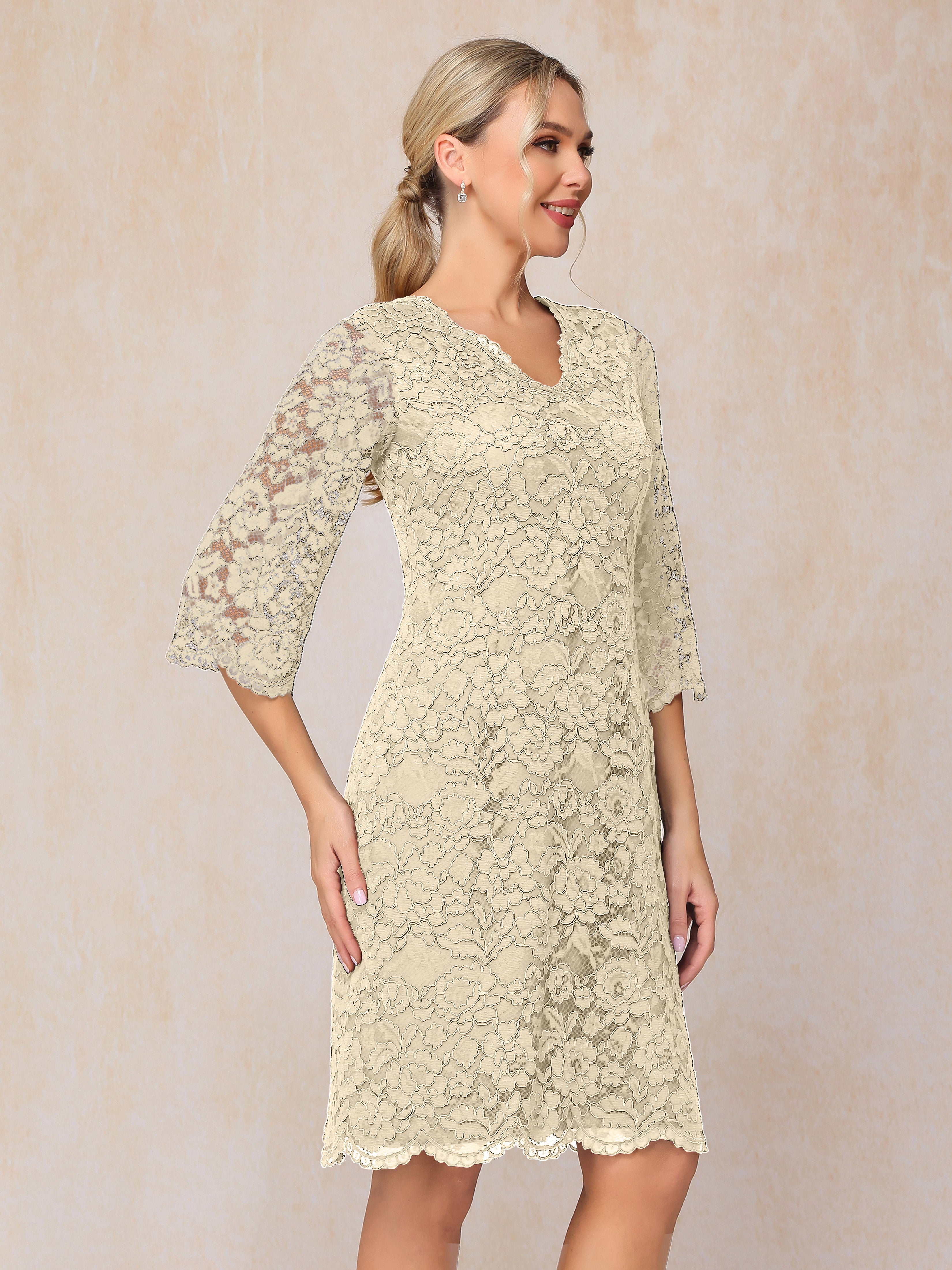 3/4 Sleeves Knee Length Lace Mother Of The Bride Dress