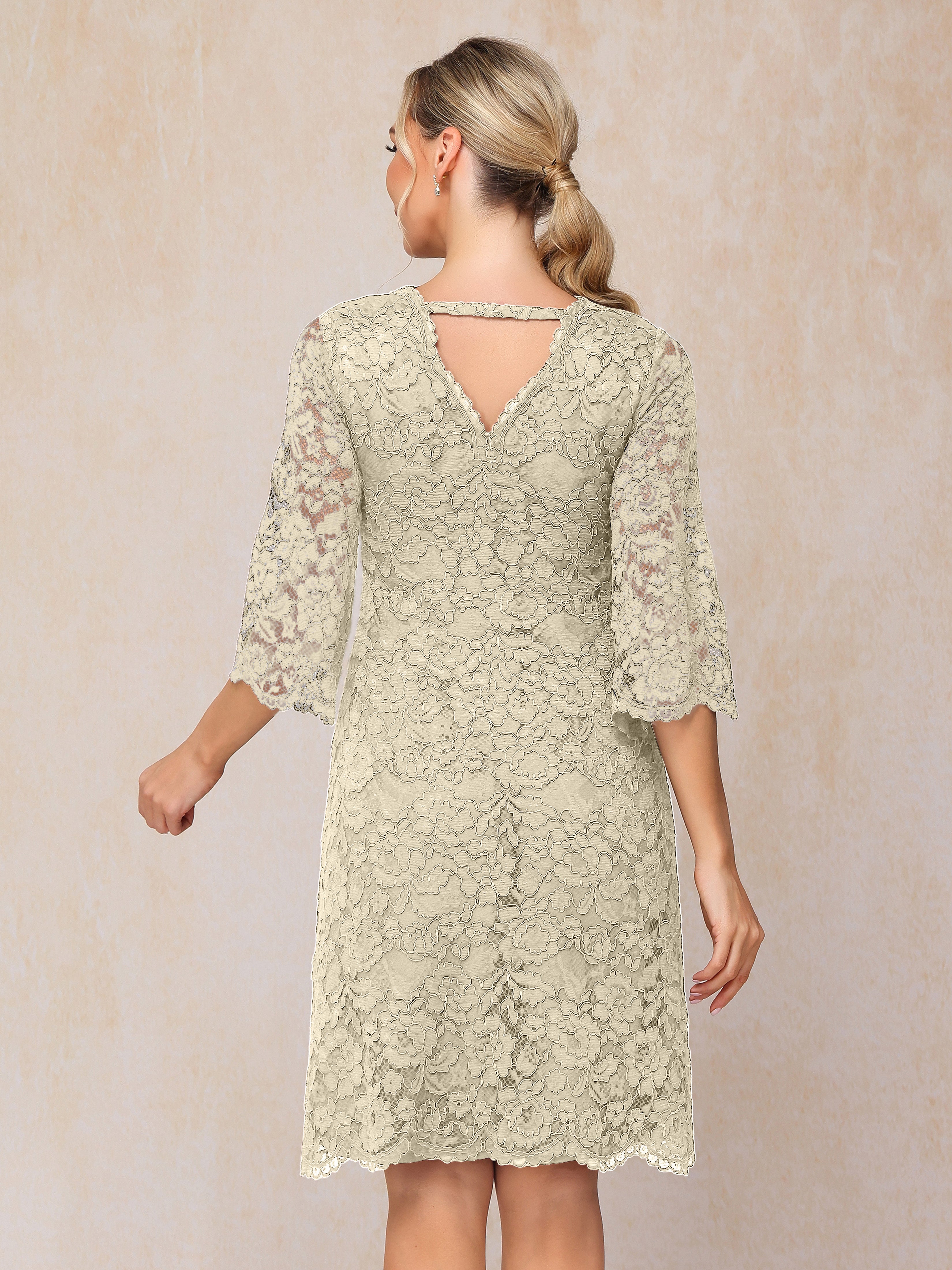 3/4 Sleeves Knee Length Lace Mother Of The Bride Dress