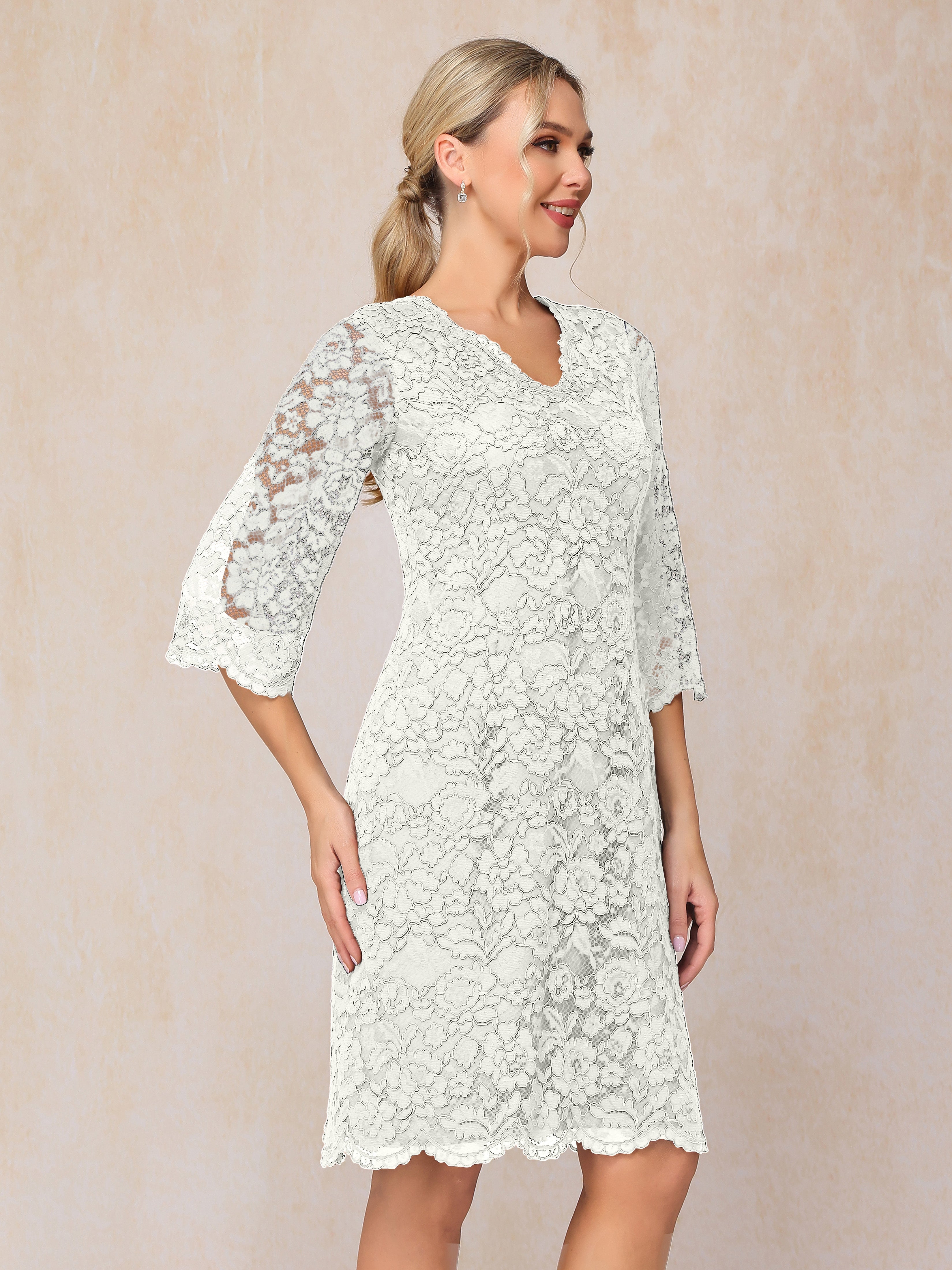 3/4 Sleeves Knee Length Lace Mother Of The  Groom Dress