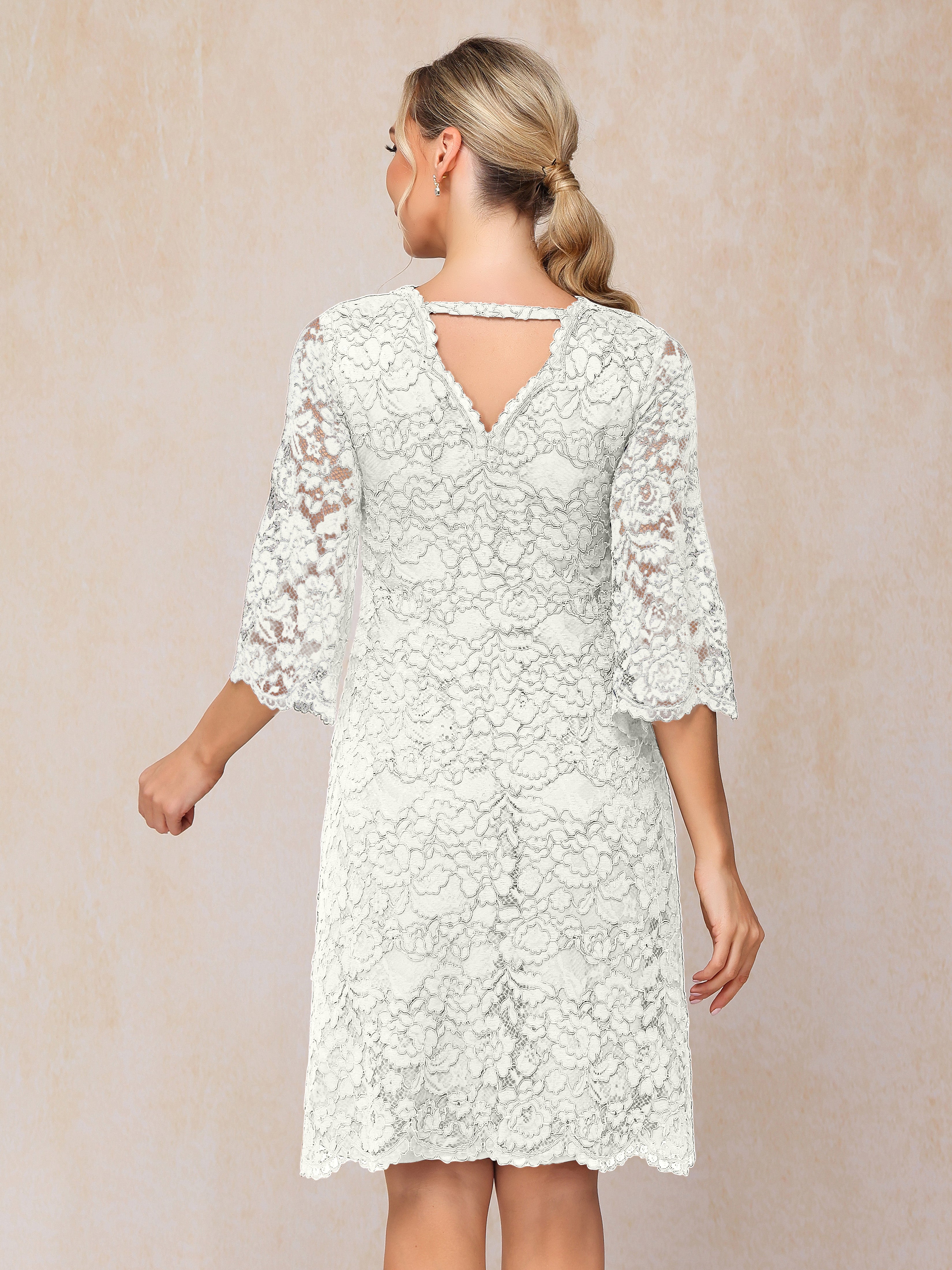 3/4 Sleeves Knee Length Lace Mother Of The Bride Dress